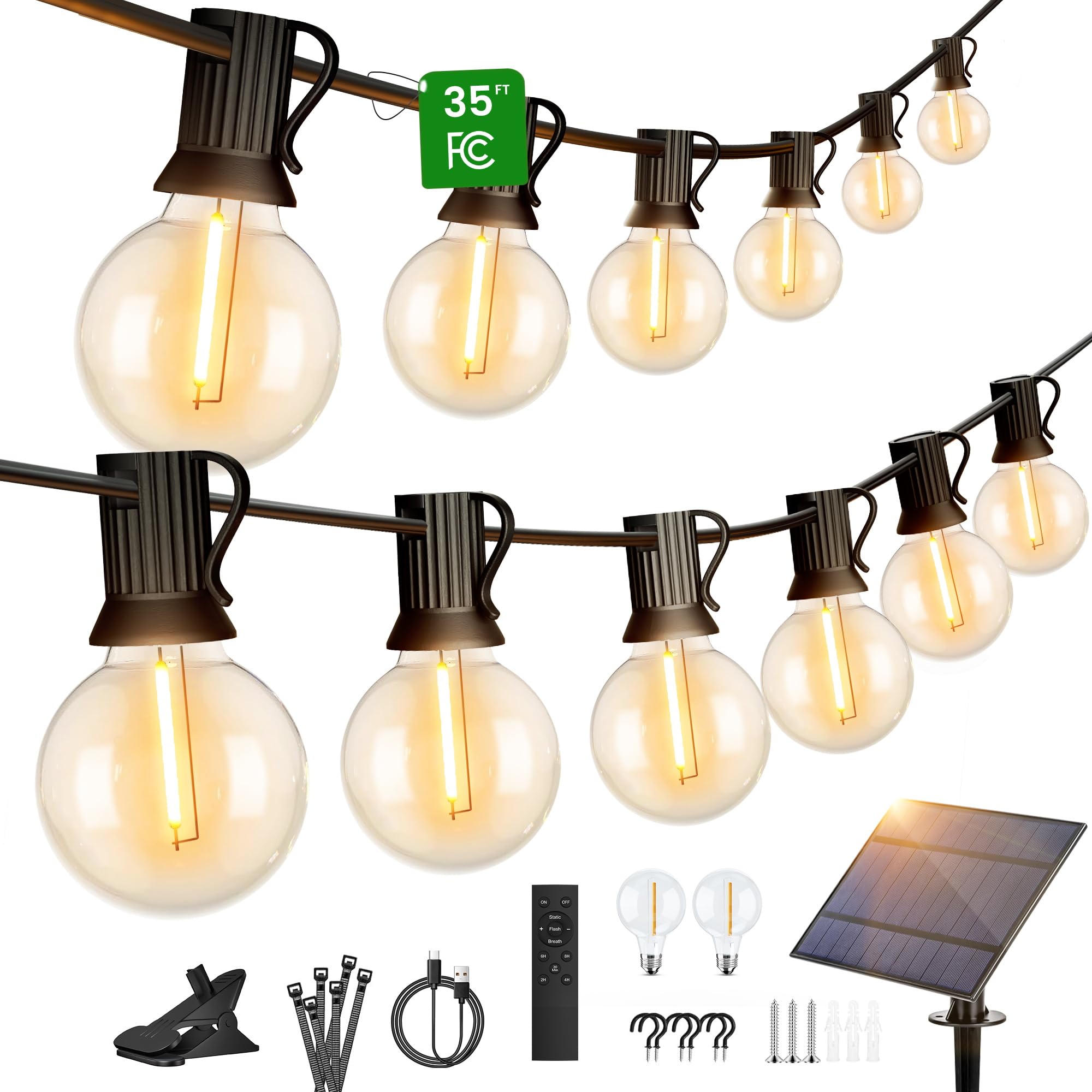 OHLUX 35FT Solar String Lights Outdoor, 15+2 LED Patio Lights Solar Powered with Remote Cable Ties and Hooks, 4 Light Modes Shatterproof G40 Bulbs Dimmable Hanging Lights for Backyard Garden Decor