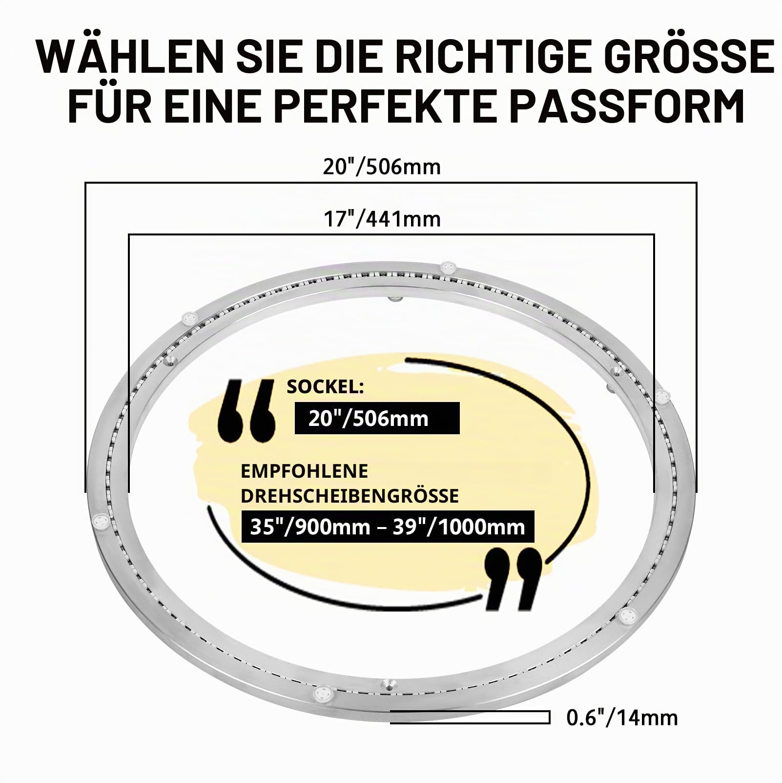 20" Drehbarer Drehteller aus Aluminiumlegierung, Lazy Susan Drehteller bis 400kg, Lazy Susan Drehtellerlager für 35"–39" Tischplatten, für Glas-/Massivholz-/Marmor-Esstische, Vitrinen, Kuchenständer