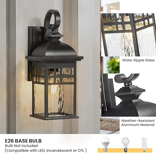 Miniatura 2 de Farol de pared exterior de aluminio negro con vidrio ondulado de agua, impermeable, luces de porche para puerta de patio, paquete de 2 enchufes E26