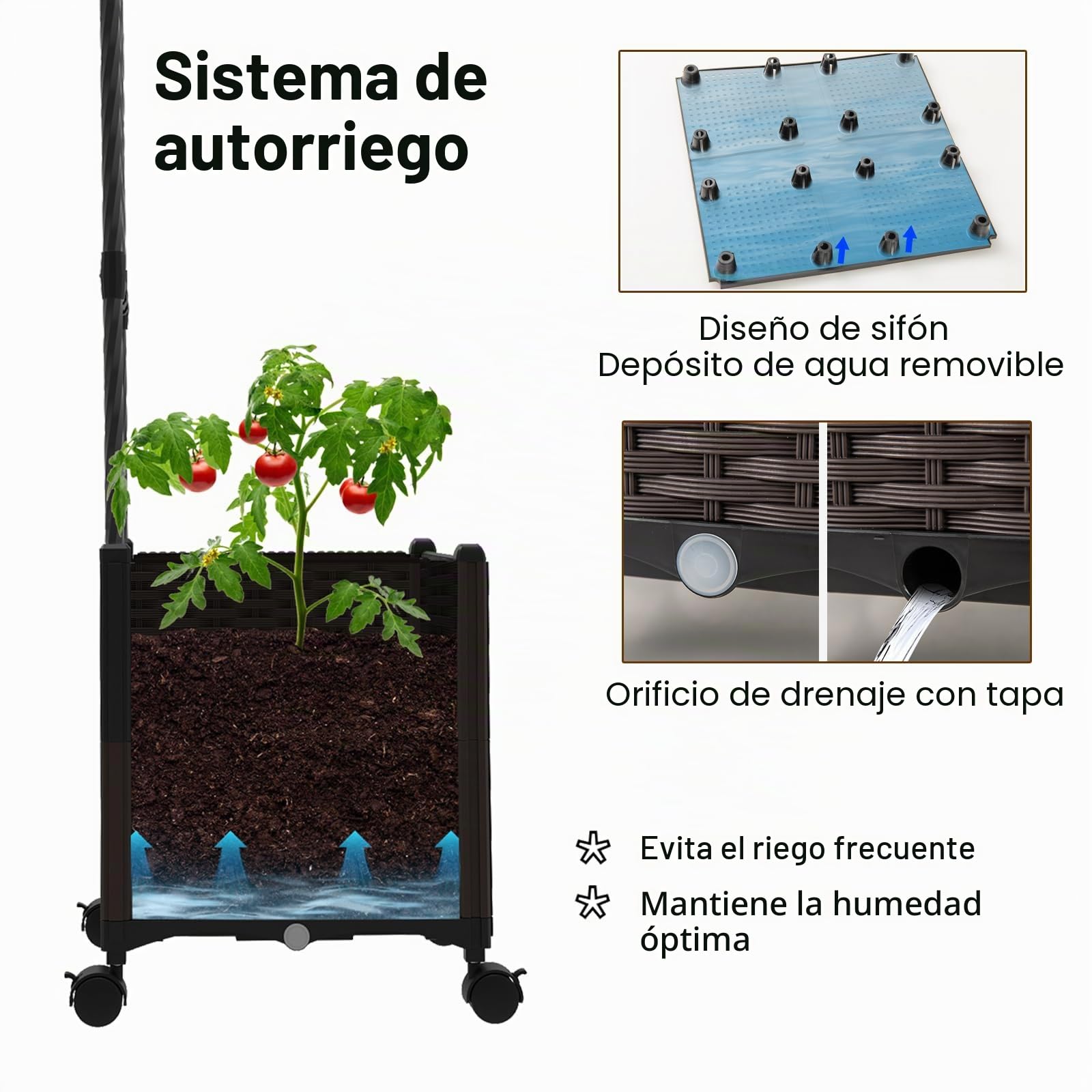 HOMASIS 2 en 1 Arco de Jardín y Maceteros, 288 x 40 x 202 cm, Pérgola Rosas con Ruedas para Plantas Trepadoras, Sistema de Autorriego, Decoración Exterior y Soporte de Boda, Fiesta, Negro