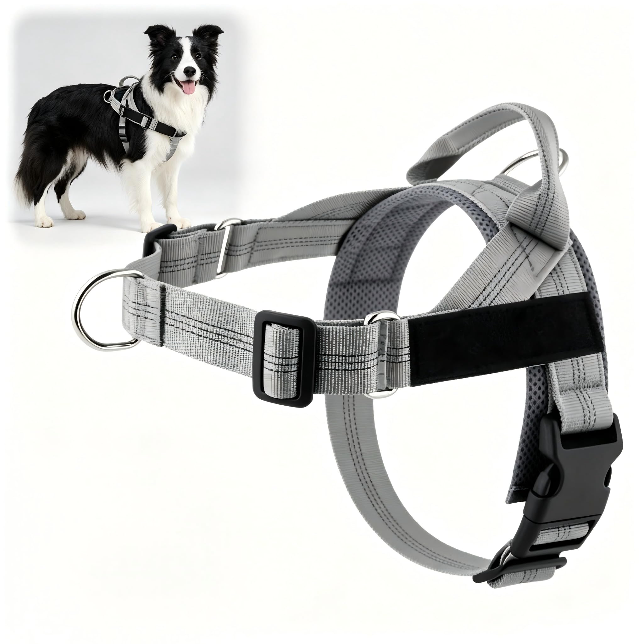 No Pull Dog Harness, Adjustable Nylon Front Clip Walking Vest with D Ring, Buckle and Grab Handle for Daily Walks (Gray)