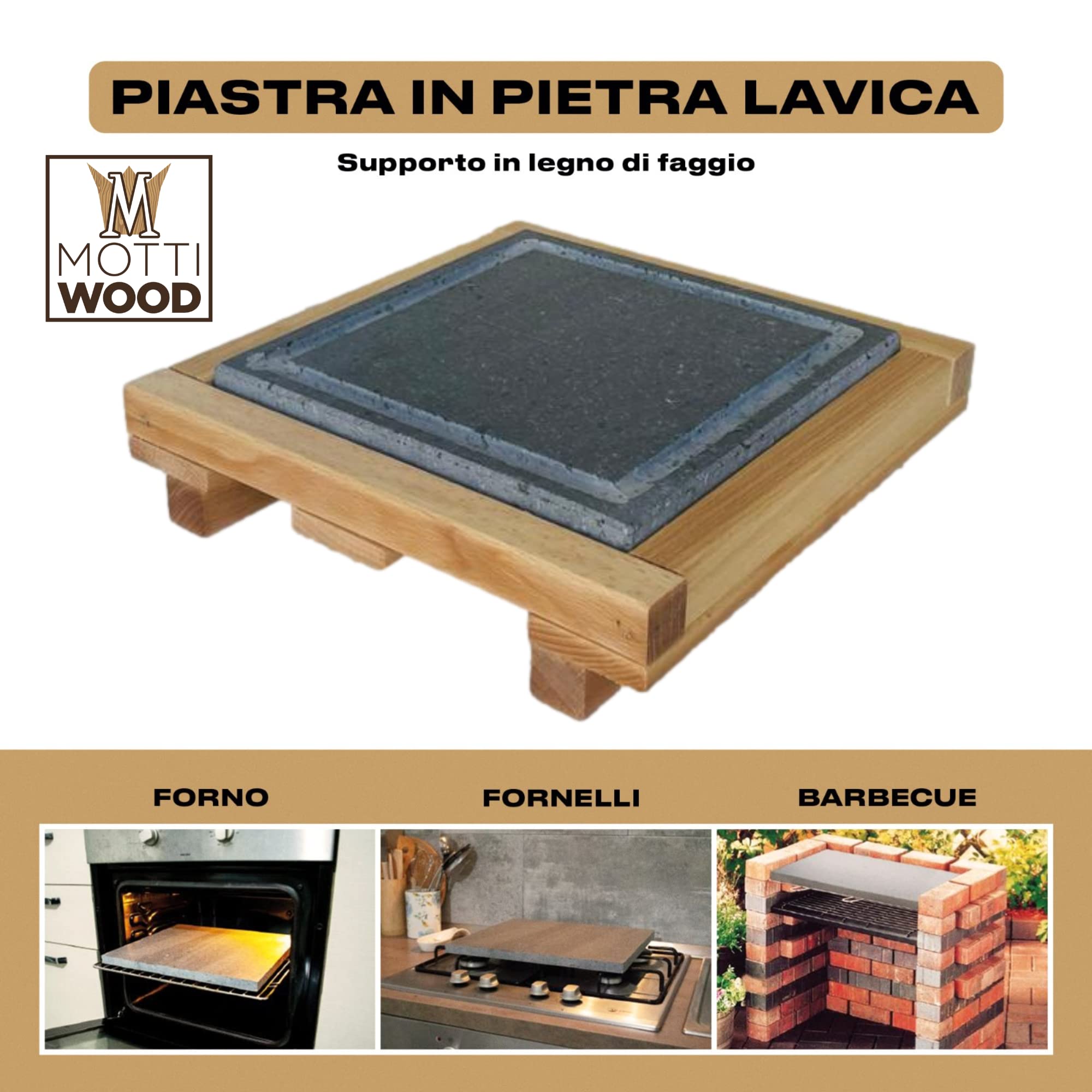 Mottinox Pietra Lavica Siciliana con Scolo, Quadrata 30x30, con Supporto Legno Faggio, Estraibile, Piastra Refrattaria per Cucinare (30x30cm) (MTX131)