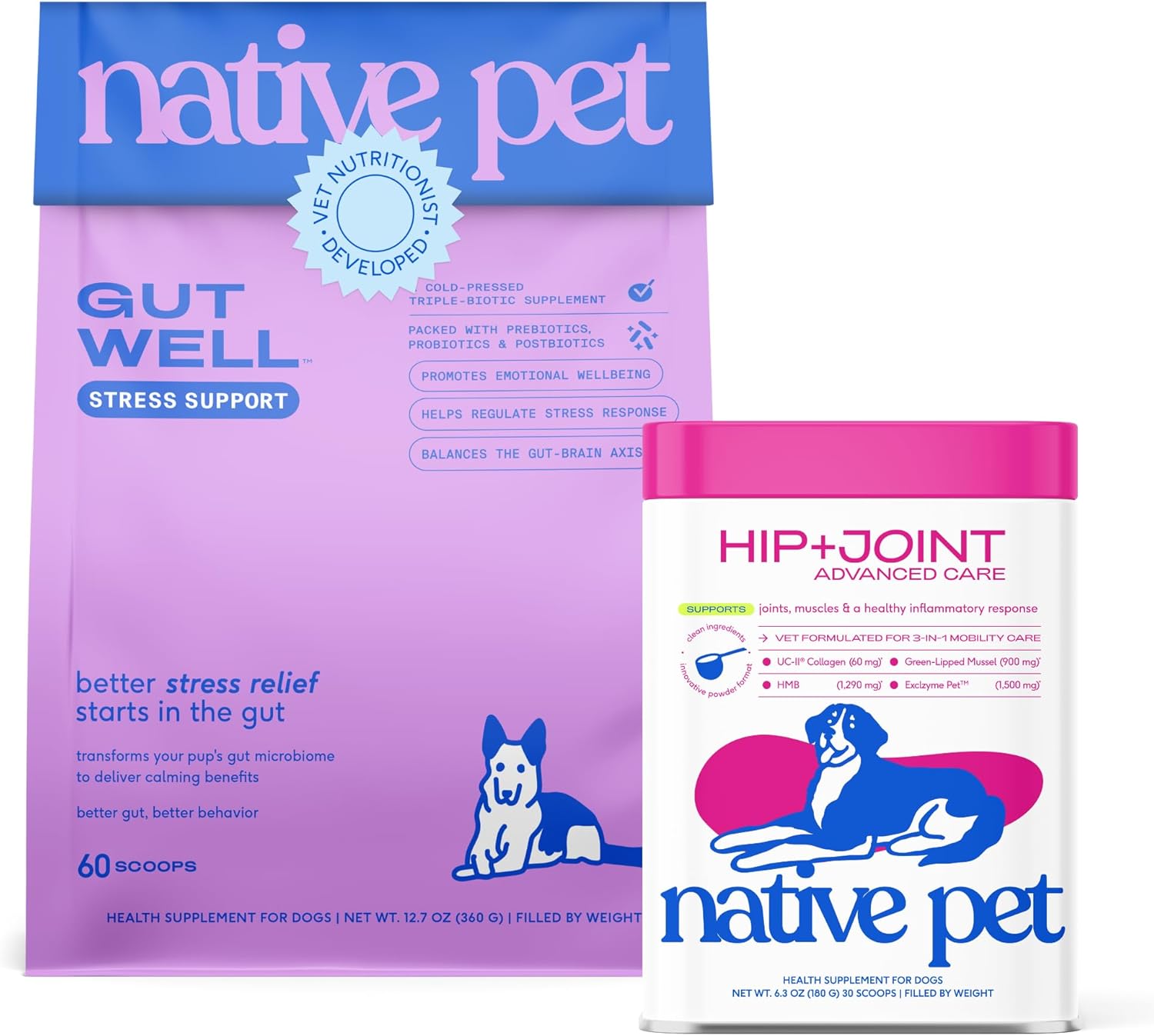 Native Pet Mind & Motion Support Pack: Hip & Joint Supplement for Dogs - Supports Joints, Cartilage, Muscles & Anti-Inflammatory - 30 Scoops & GutWell Stress Support - Dog Anxiety Relief - 60 Scoops