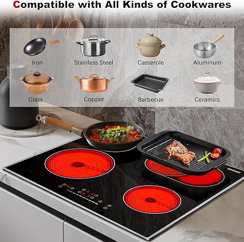 Miniatura 5 de Karinear Estufa Eléctrica de 4 Quemadores de 61 cm, 220-240v Estufa Eléctrica de Cerámica Incorporada con Marco de Metal de Protección de Vidrio,