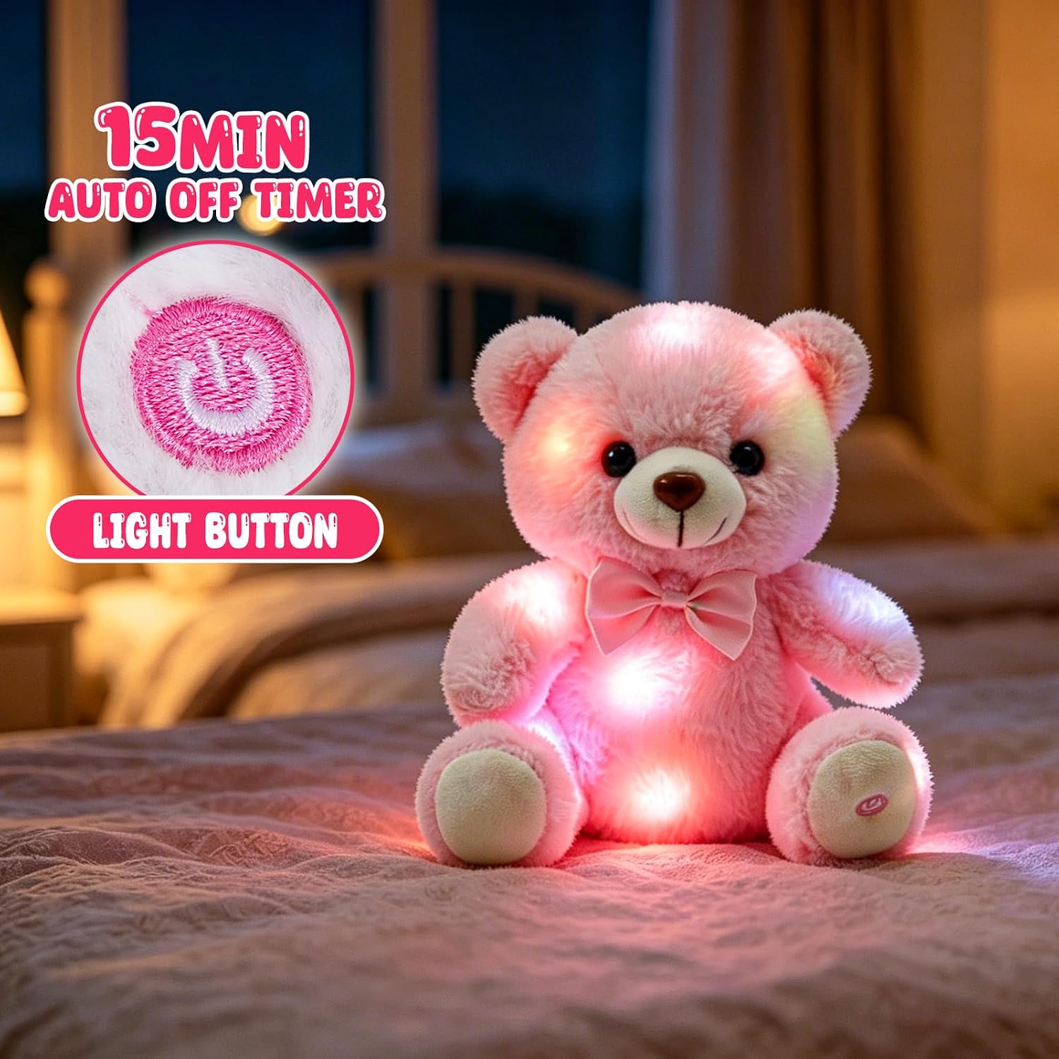 BSTAOFY Light up Teddy Bear Nightlight Glow Bear Plush Toy Light up Bear Stuffed Animal Teddy Bear for Girls Kids Birthday Gifts Valentines,Pink 8"