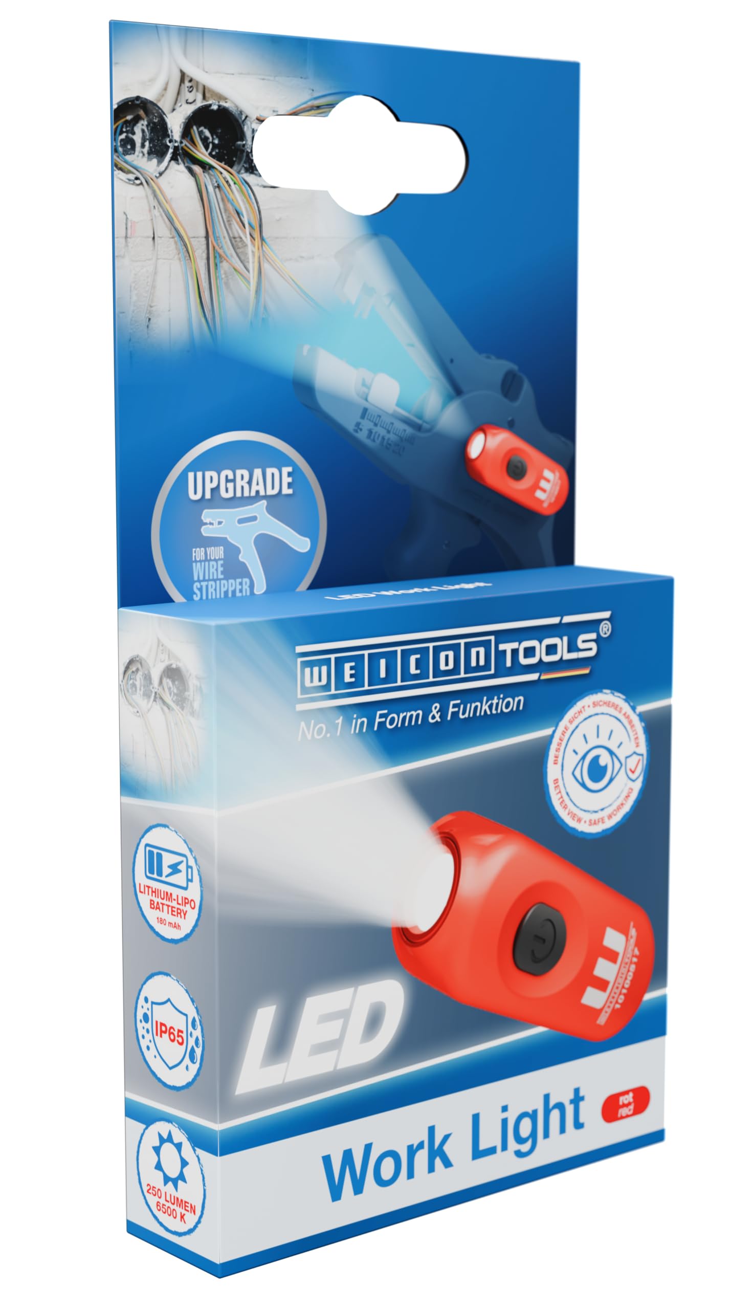 WEICON TOOLS LED, lampa robocza do ściągacza izolacji, regulacja jasności (3 poziomy), ładowanie USB C, klasa energetyczna A+, czerwona