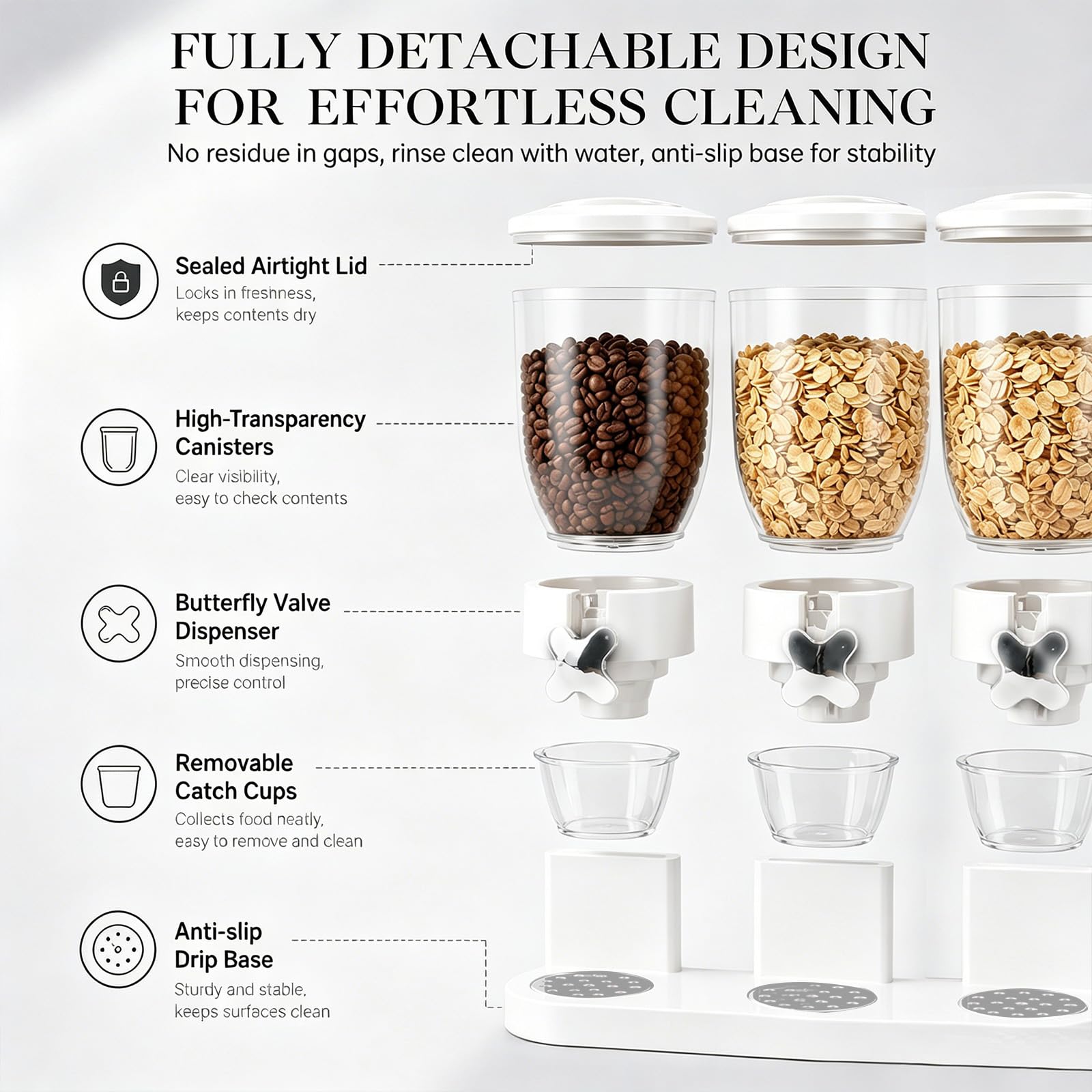Cereal Dispenser Countertop, 2L Lebensmittelspender, Müslispender Luftdichte Behälter für Müsli, Reis, Körner, Süßigkeiten, Kaffebohnen, 29x35x16cm Cornflakes Spender&süßstoffspender (Weiß Triple)