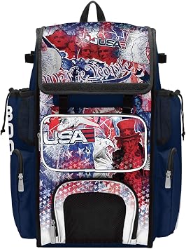 Boombah Superpack Bat Bag - Backpack Version no wheels - Holds 4 Bats - USA Liberty Navy/White/Red