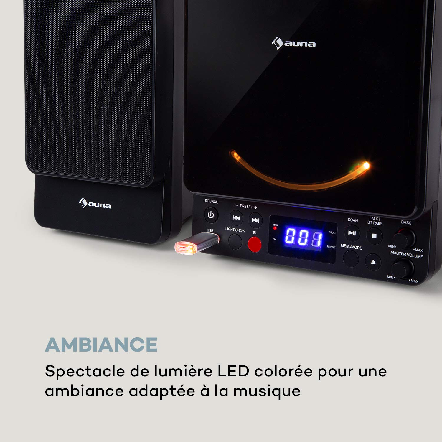 AUNA Microstar - Micro-chaîne Verticale, Lecteur CD, Bluetooth, Enceintes stéréo, Port USB, Tuner FM, AUX-in, écran LCD, éclairage d'ambiance, Installation Murale ou Pose Libre - Noir