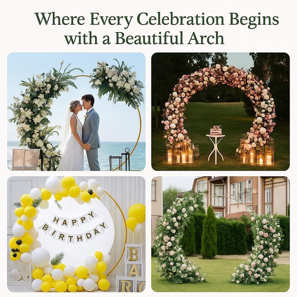 GIB 8FT Heavy Duty Wedding Arch Backdrop Stand Gold Circle Metal Frame Balloon Arch Decoration - Photo Booth Background Decor for Baby Shower Birthday Parties