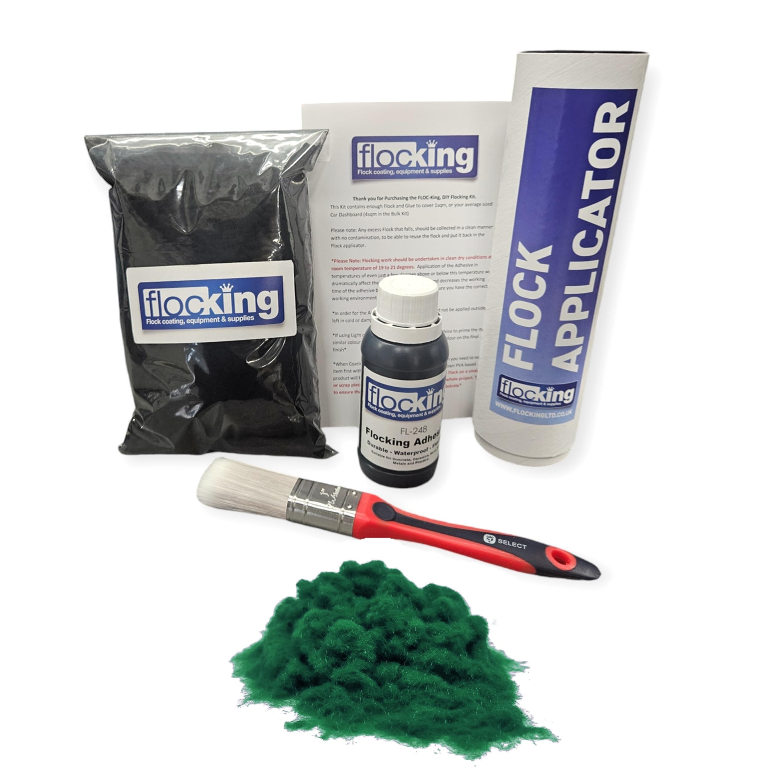FLOC-KING Kit professionale per floccaggio (Verde Racing) - 1mm di nylon floccato per cruscotti auto, restauro interni, lavori in legno e artigianato - Set fai da te con adesivo specializzato e