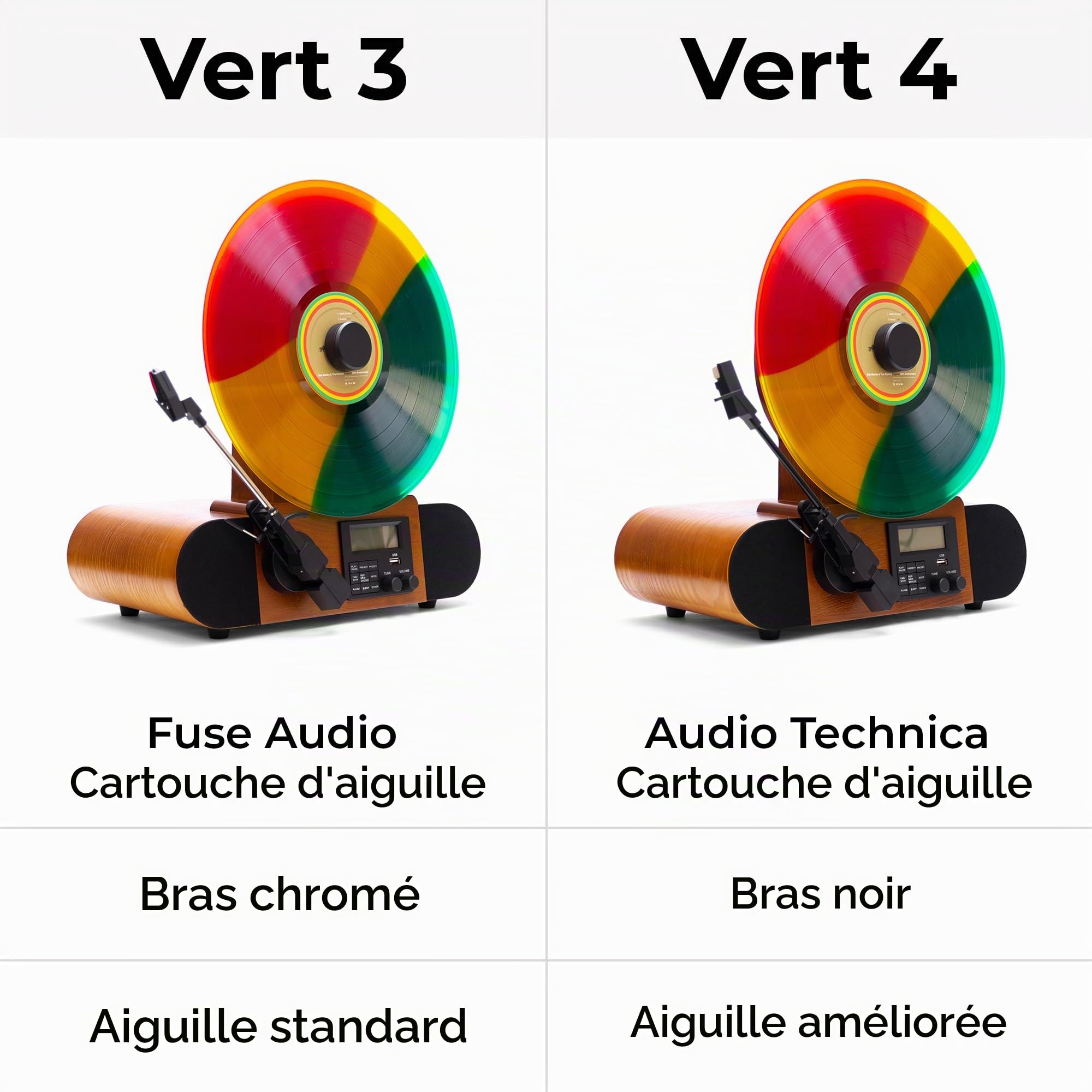 Fuse Lecteur de Disque Vinyle Vertical Vert | Radio FM, Bluetooth, AUX, USB | Réveil | Cartouche Audio Technica | Haut-parleurs Gamme complète | Vintage Moderne du Milieu du siècle | Bois de frêne