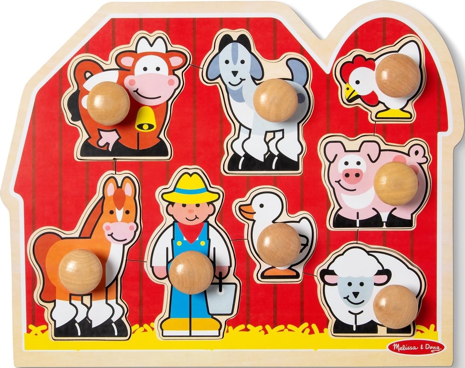 Melissa & Doug Farm Animals Jumbo Knob Wooden Peg Puzzle | 8 Jumbo Peg Pieces, Wooden Board, Farm Animal Matching, Shape Reco