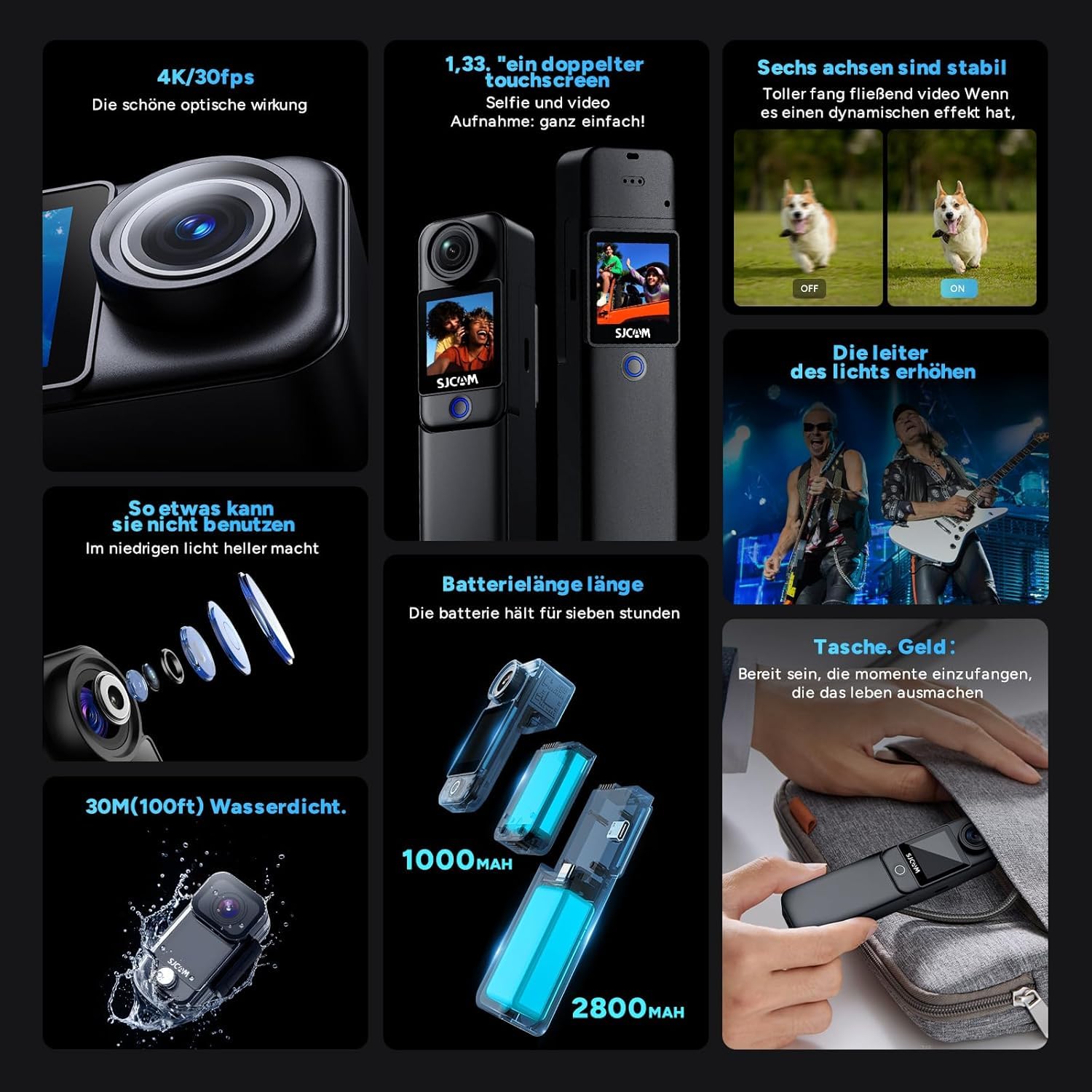 SJCAM C300 Vlog Kamera 4K(64GB),7 Stunden Akkulaufzeit,6-Achsen-Stabilisierung,Dual-Touchscreen,154° Weitwinkel,30M Wasserdicht,Action cam mit Zubehör-Kits Geschenke,Schwarz