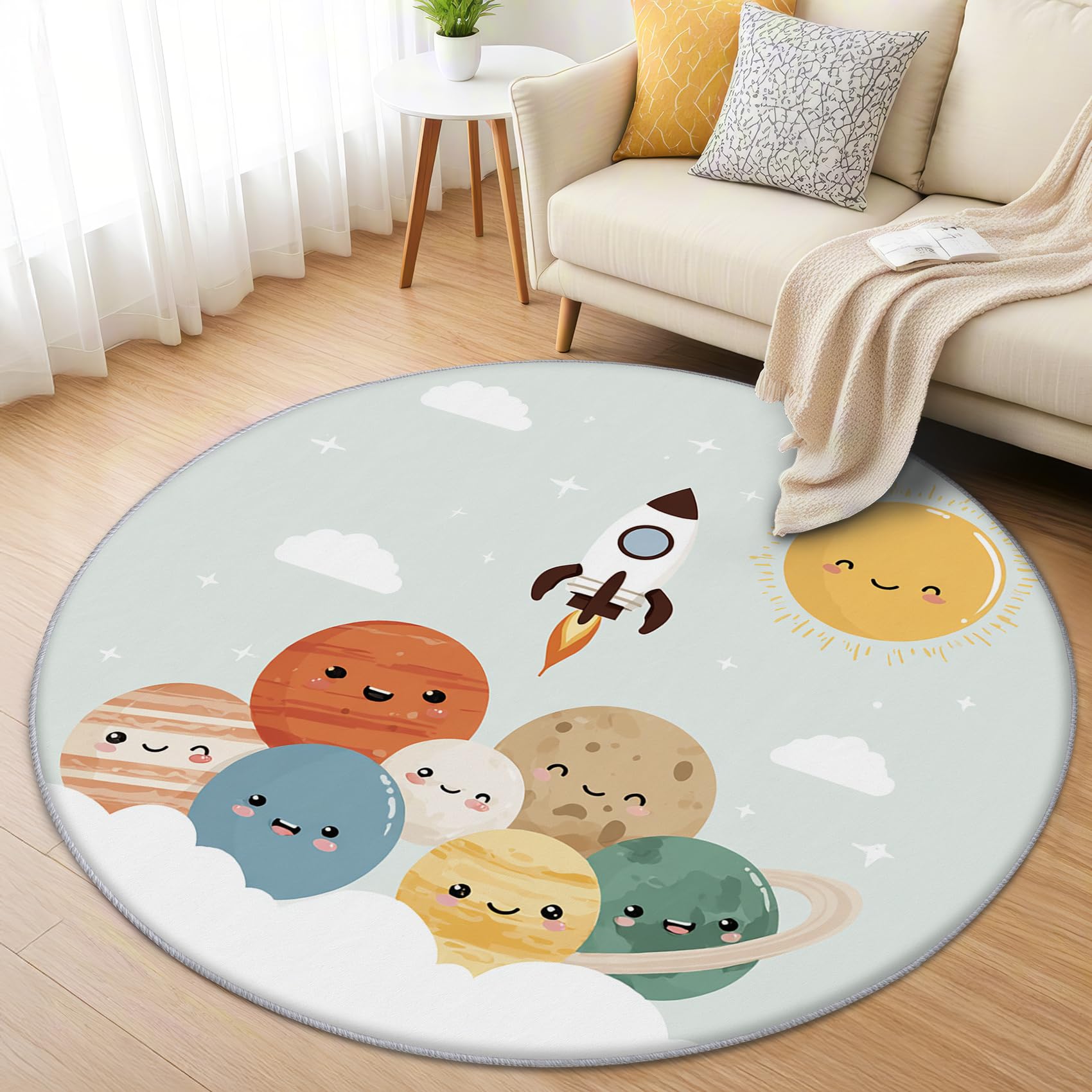Planeten Teppich Rund 120cm Kurzflor - Waschbare Teppiche Wohnzimmer Kinder Cartoon Raketen Weltall - Runder Teppich 120 Durchmesser Kinderzimmer - Bettvorleger rutschfest Weich