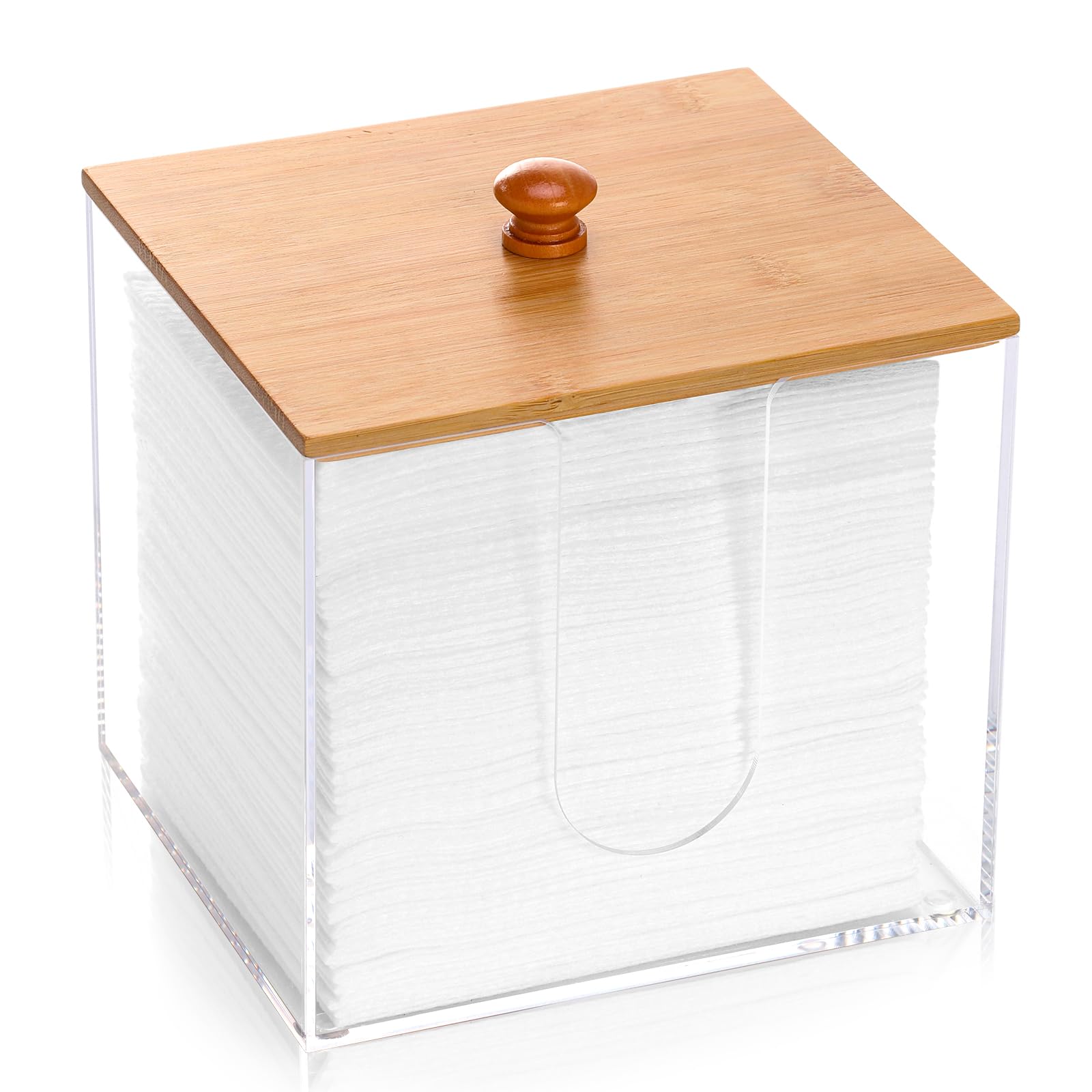 DLUGOPIS Disposable Face Towel Storage Box with Bamboo Lid XL Acrylic Face Towel Container Facial Towel Holder Clean Towels Box Dryer Sheet Container