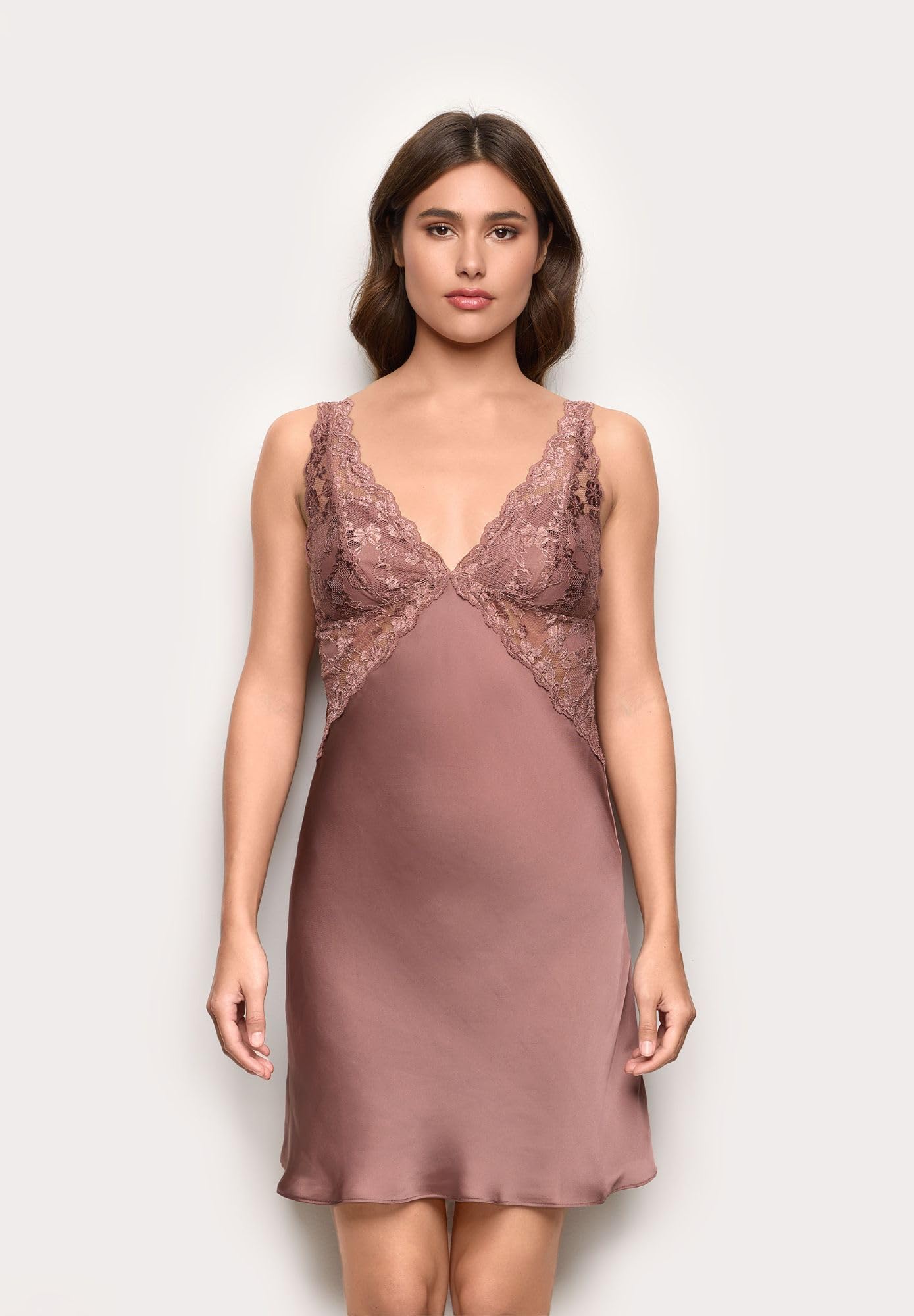 YAMAMAY - Camicia da Notte in Raso con Ricami in Pizzo, Donna,Raso e Pizzo