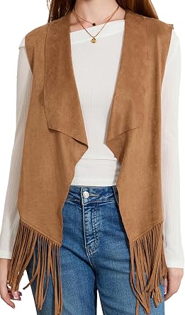 Women Tassel Vest 70s Hippie Costume Sleeveless Fringe Waistcoat Open Front Boho Western Outerwear