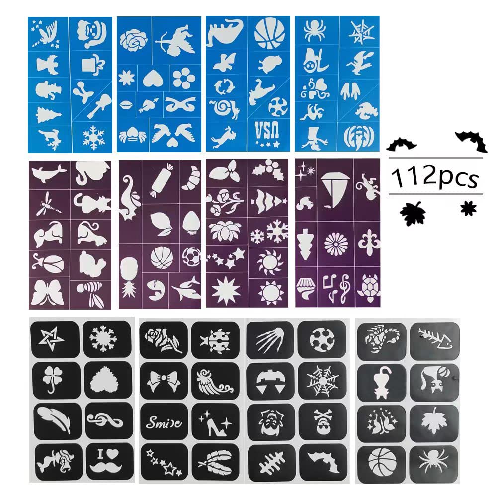 112 Piece Face & Body Paint Stencils Kit - Reusable Tattoo Stencils for Kids - Suitable for Birthday, Halloween & Christmas