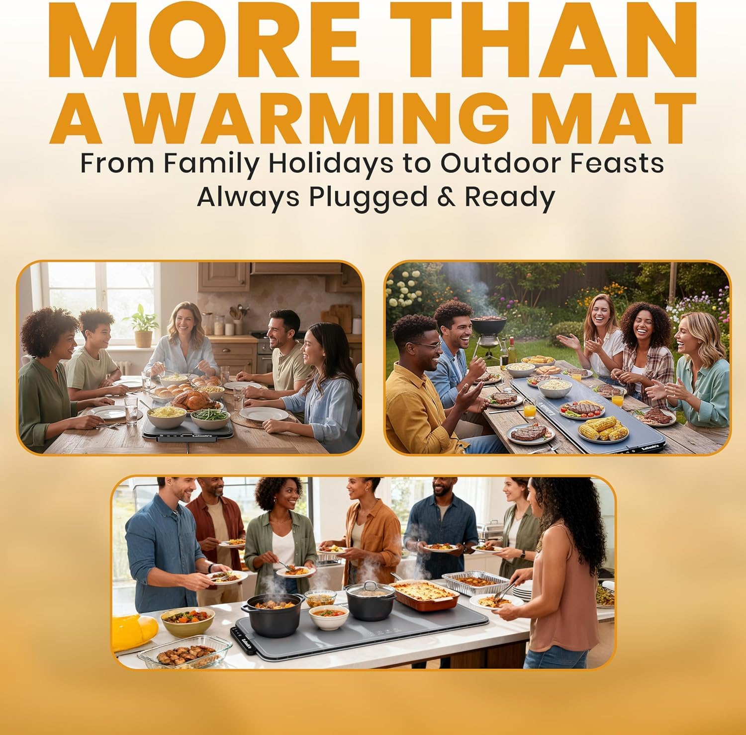 Lalush'e Electric Food Warming Mat, XXL 36 x 15 cm - Portable Food Warmer for Parties, Hosting & Buffet Serving Foldable Graphene Heating Tray with 7 Temp Settings, Spoon Rest and Travel Insulation