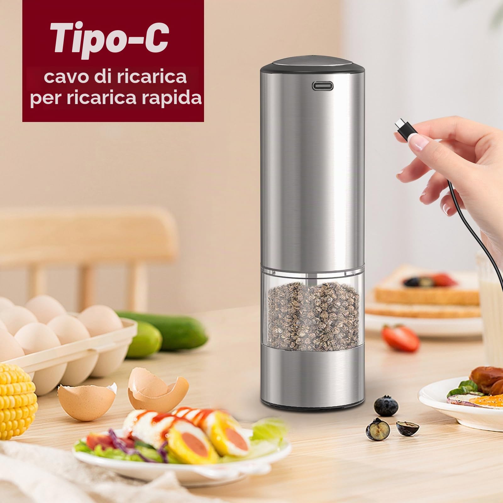 Macina Pepe Elettrico, [2 Pezzi] Macina Sale e Pepe Automatico in Acciaio Inossidabile, Macinapepe Ricaricabile, Funzionamento con Una Sola Mano, Ruvidità Regolabile, KYMQ-37A