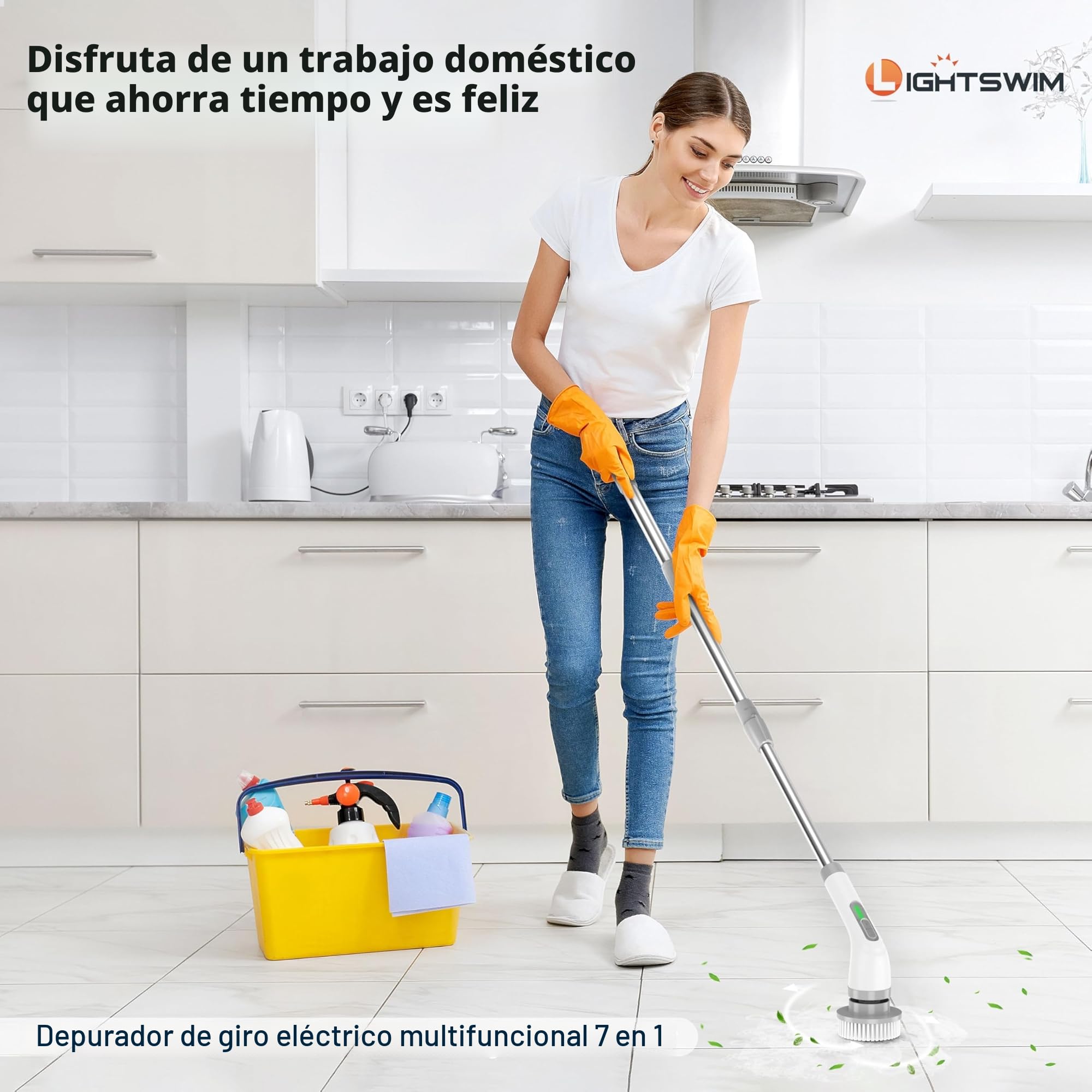 Lightswim Limpiador giratorio eléctrico, cepillo de limpieza 7 en 1, limpieza potente de 420 rpm, limpiador de baño de 1.5 horas de velocidad dual con brazo de extensión para cocina, coche, azulejos