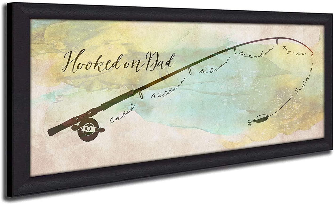 Personal-Prints Hooked on Dad, Customized Fishing Pole Art With Children's Names - Father's Day Gift (6.5"x18" Block Mount, Color)
