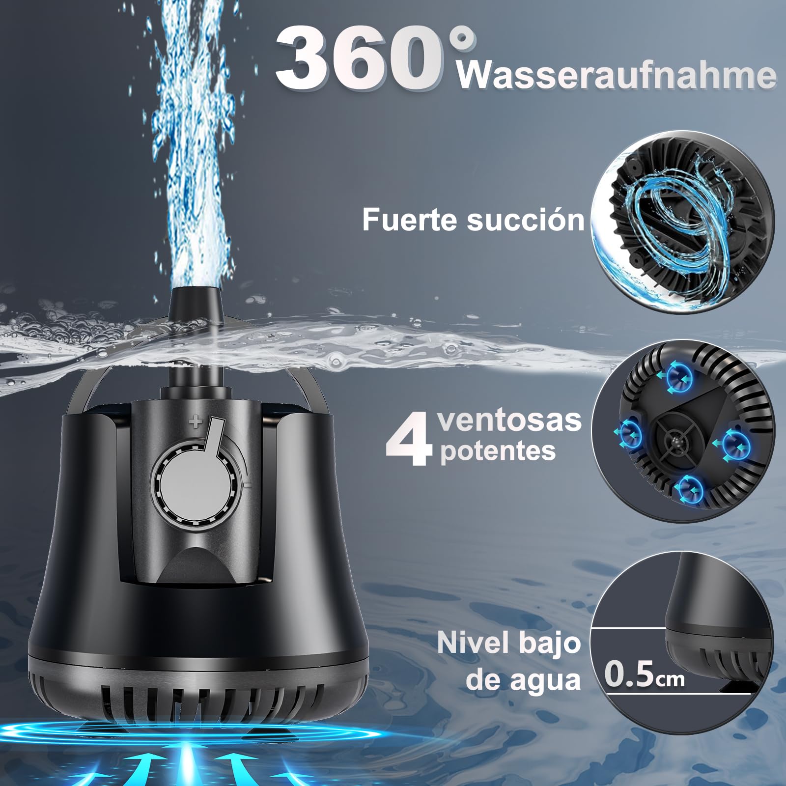 Bomba de Agua Sumergible 15W 800L/H Bomba de Acuario con Interruptor Ajustable + Cable de 1.5 Metros + 2 Boquillas, Motor Fuente de Agua Ultra Silencioso Para Acuarios, Jardines, Fuentes, Estanques