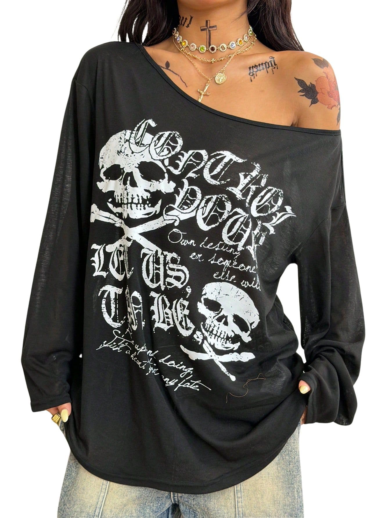 sxv style Streetwear Casual Goth Grunge Y2K Cupid Graphics Comfortable Asymmetrical Neck Off The Shoulder Black Long Sleeve T-Shirt-picture-10