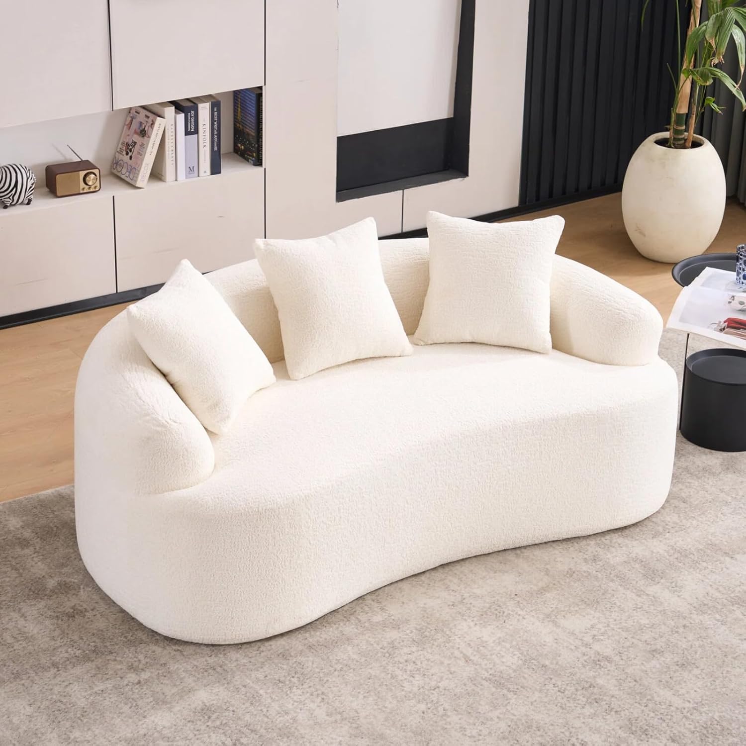 65" Curved Loveseat,Deep Seat Cloud Floor Couch with 3 Backrest,Cozy Chenille Fabric,Small Loveseat for Small Spaces,Bedroom,Office,Apartment (Cream White, 65 Inch)