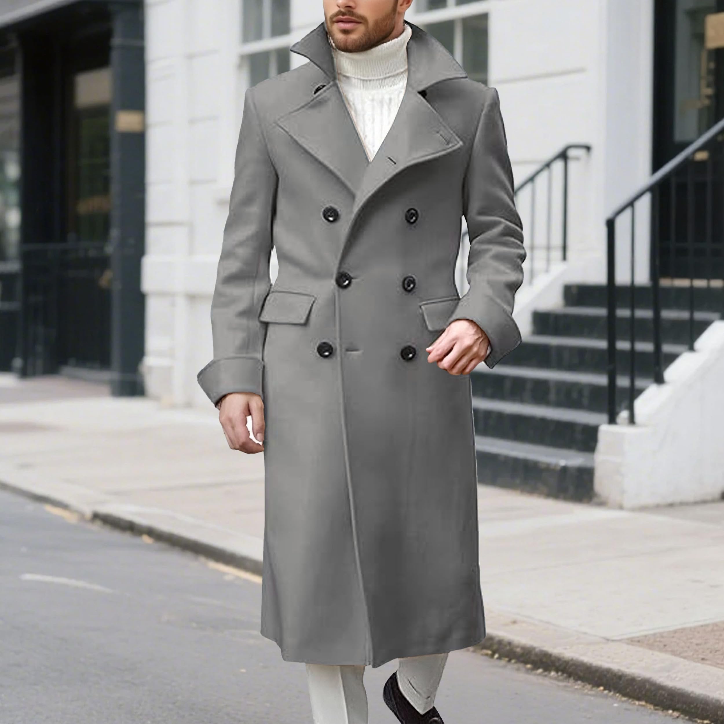 Cappotto invernale da uomo con revers a lancia, doppiopetto, lungo, trench casual in misto cotone