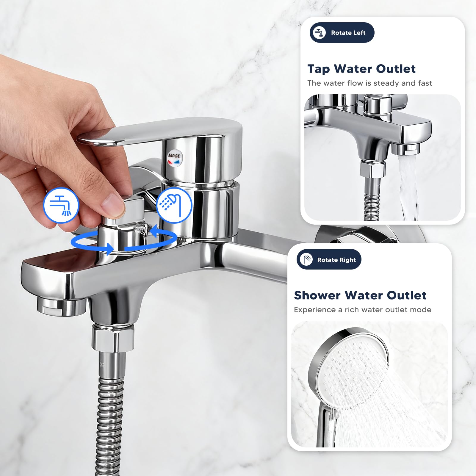 Mitigeur de Baignoire Robinet de Baignoire Laiton Mitigeur Bain avec Bouton Central Rotatif avec Douchette 5 Jets,Robinet de Bain Mitigeur de Bain Robinet de Douche Mural pour Salle de Bain(Chromé-Z)