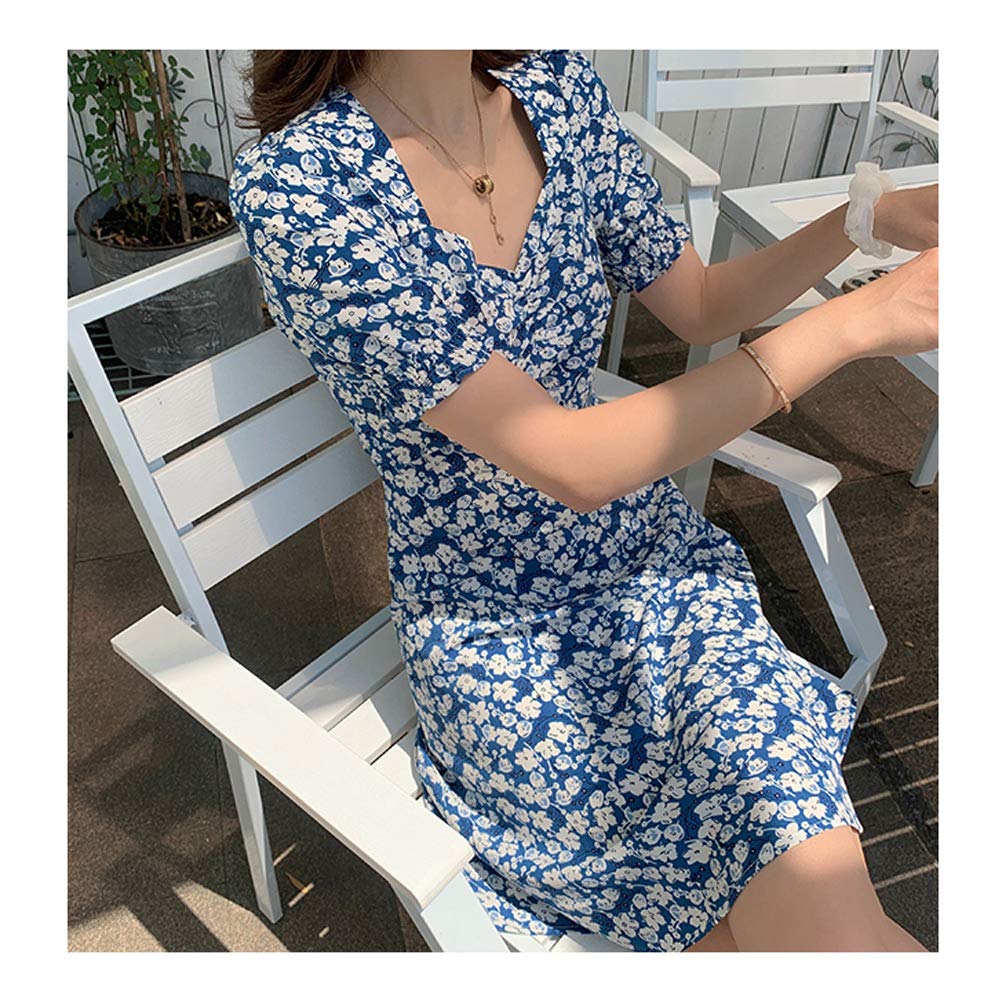 NAKAN Tissu en Mousseline Rétro Bleu avec Motif De Petites Fleurs Blanches Polyester Doux Et Lisse pour Couture, Vêtements, Chemises, Jupe, 150cm Large, Non Transparent(Size:5m)