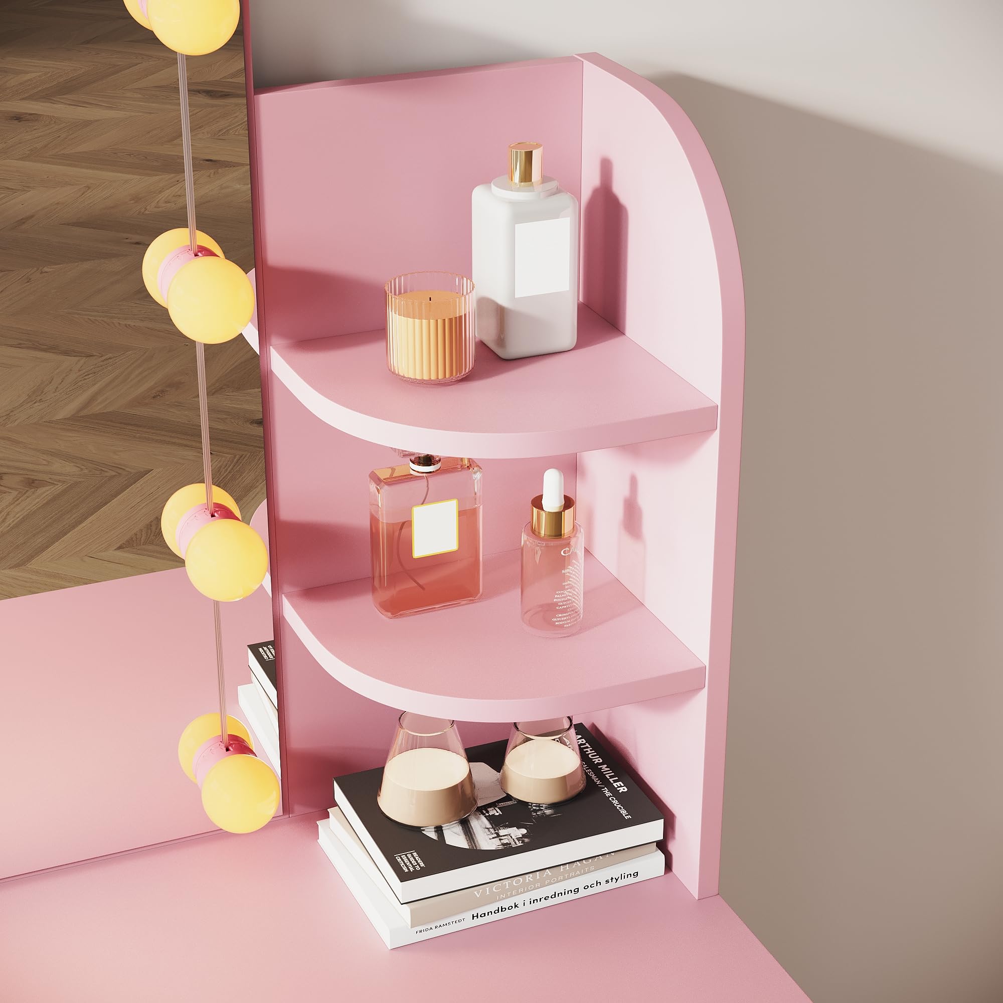 SIRHONA Tavolo da trucco con specchio a LED con luminosità regolabile, con specchio, 1 cassetti e 2 ripiani, stile moderno, rosa