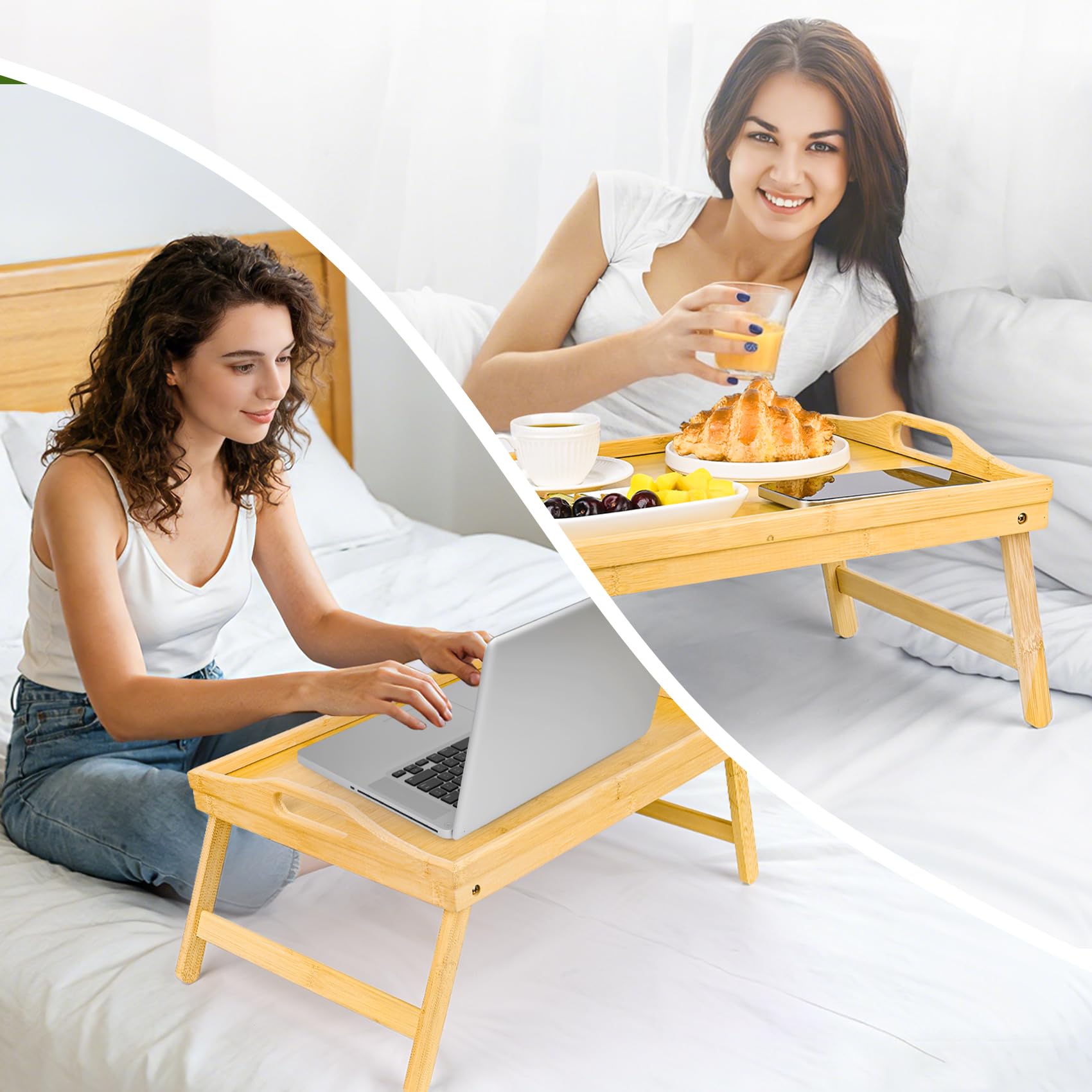 VASMIA Vassoio letto con gambe pieghevoli, per la prima colazione in bambù per mangiare, servire o usare come vassoio, scrivania portatile per laptop, vassoio per snack, Naturale - 4