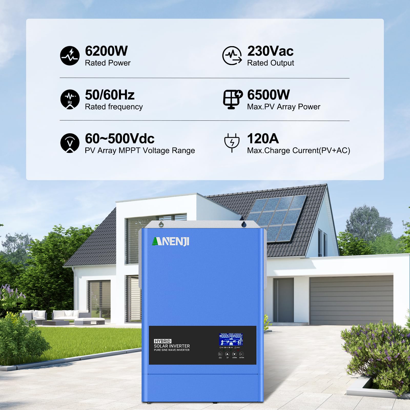 Inverter di corrente solare ibrido da 6200 W, 48 V DC a 230 Vac, inverter a onda sinusoidale pura con regolatore di carica solare MPPT da 120 A, tensione massima di ingresso PV 500 V, per