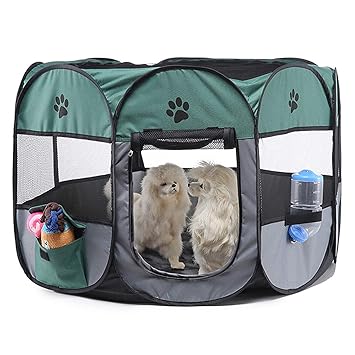 Folding Pet House Cage, Breathable Convenient and Fast Pet Playpen, Portable Play Tent for Baby Cats Delivery Room Pets(XBD82 Green Gray no Kettle Toy, M)