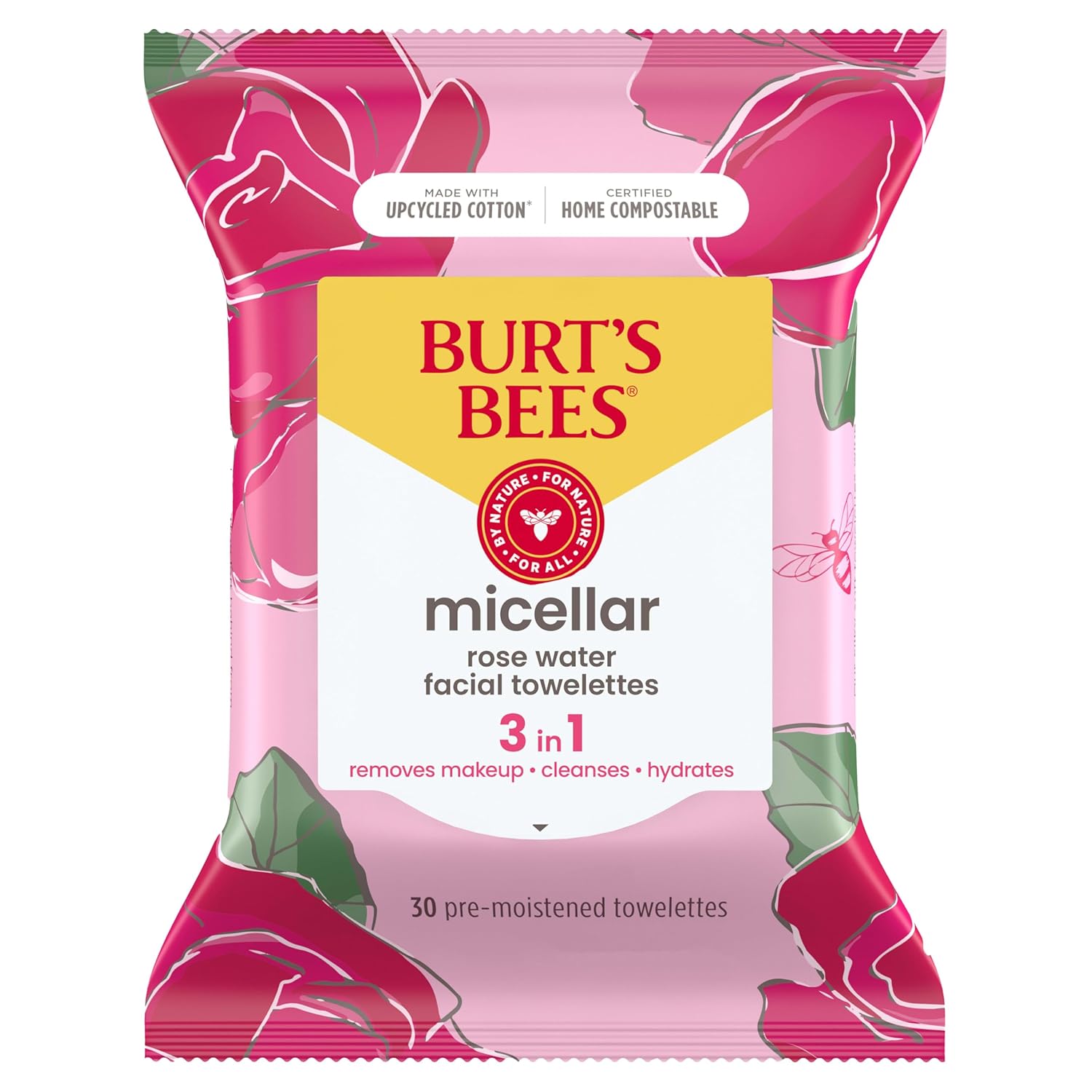 Burt’s Bees Micellar Rose Water Facial Towelettes, 100% Plant Based Cloth; 99% Natural Origin; Remove Makeup, Cleanse, Hydrate; No Greasy, Oily Residue; All Skin Types (Pack May Vary) Burt’s Bees Micellar Rose Water Facial Towelettes, 100% Plant Based Cloth; 99% Natural Origin; Remove Makeup, Cleanse, Hydrate; No Greasy, Oily Residue; All Skin Types (Pack May Vary)