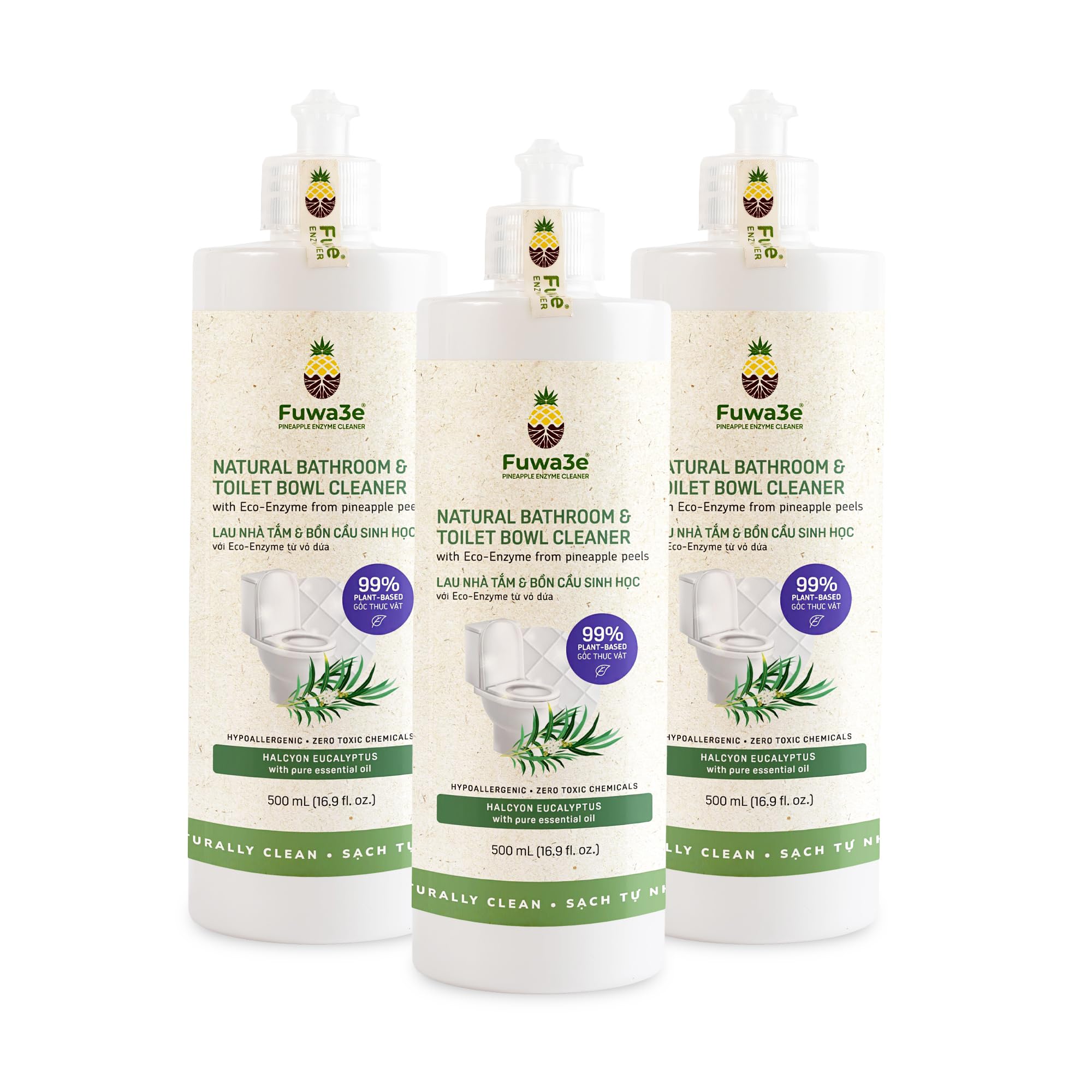 Fuwa3e Pineapple Enzyme Natural Toilet Bowl Cleaner Halcyon Eucalyptus - 16.9oz 3 Pack - 99% Plant Based Non Bleach Bathroom Cleaner - Freshens and Deodorizes with Fermented Pineapple Peels