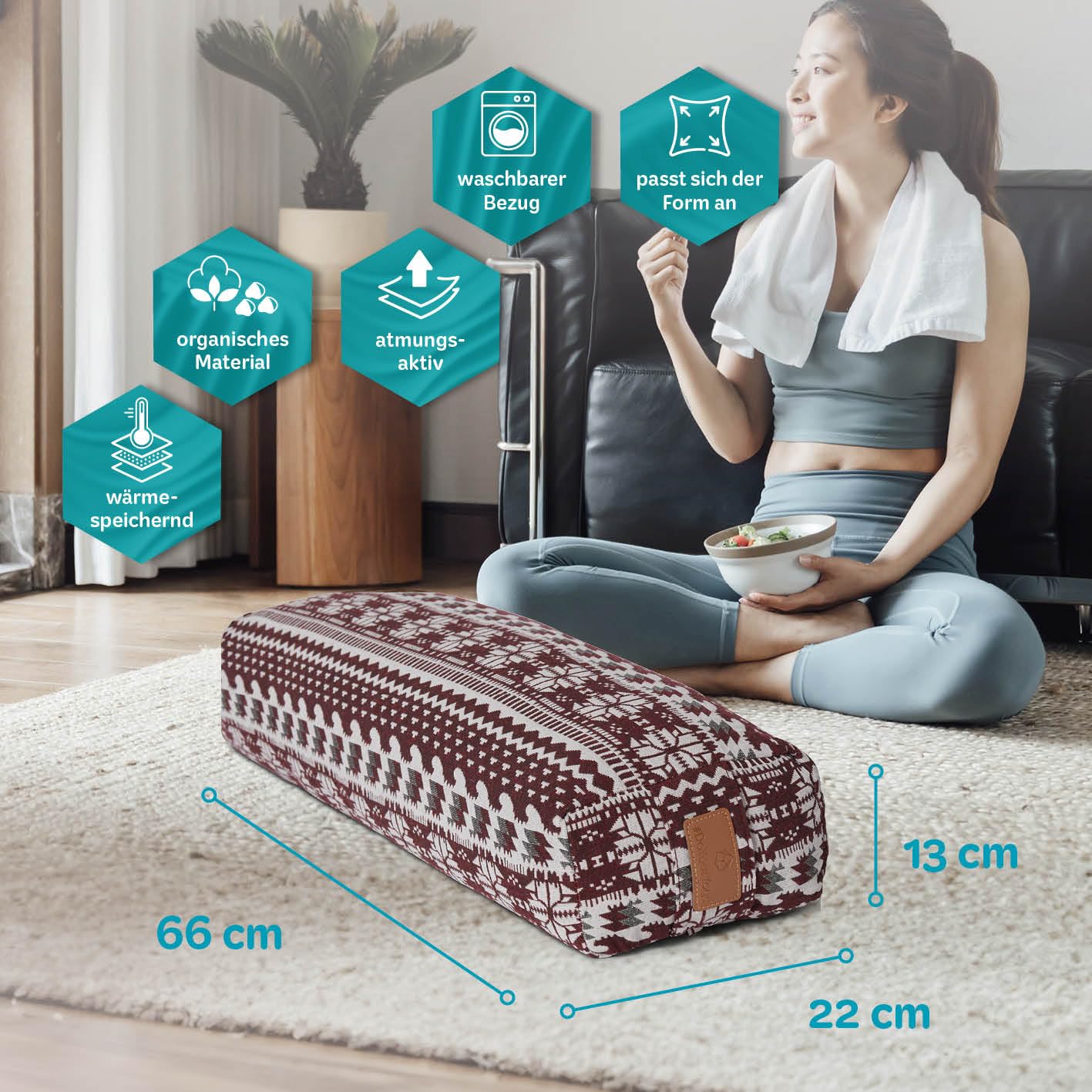 #DoYourYoga Yogabolster »Paravati« 67cm x 13cm | Gefüllt mit Bio-Dinkelspelz (KBA) oder Bio-Buchweizenschalen (KBA) | Yogakissen mit waschbarem Bezug | Sitzkissen & Zafukissen für Yin Yoga