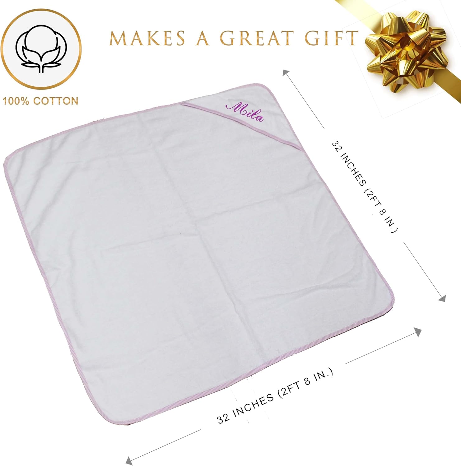 My Personal Memories Personalized Baby Hooded Bath Towel - Monogrammed for Girl and Boy - Embroidered (White with Pink)