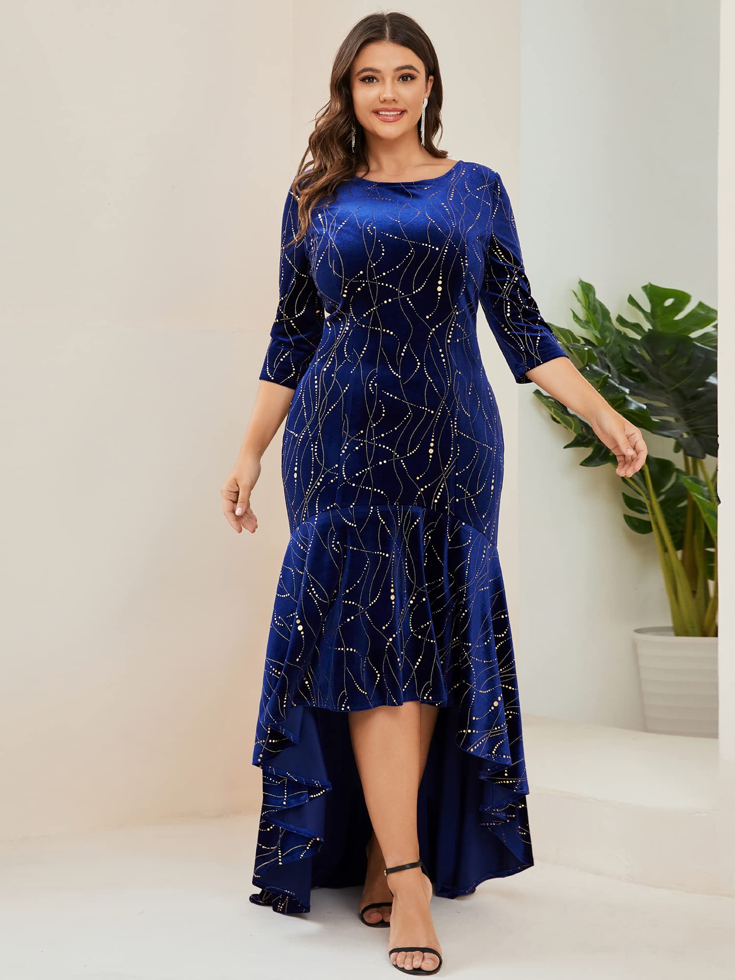 Robe moulante à manches 3/4 en velours scintillant pour femme Vert foncé Taille 22