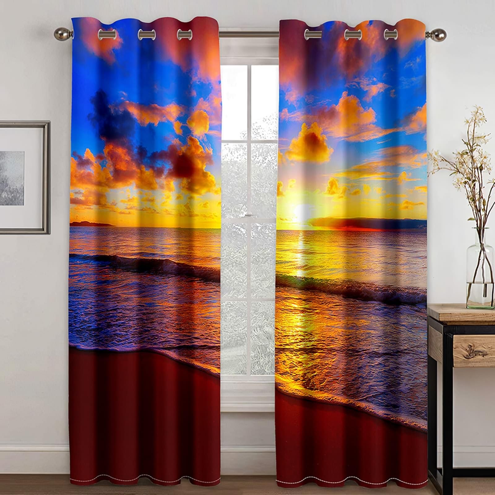 Verdunkelung Gardinen 244 cm Lang, Vorhang Blickdicht mit Ösen 2er Set Blau Rot Braun Am Meer Sonnenuntergang Landschaft Vorhänge für Wohnzimmer Schlafzimmer, 244x244 cm(BxH)