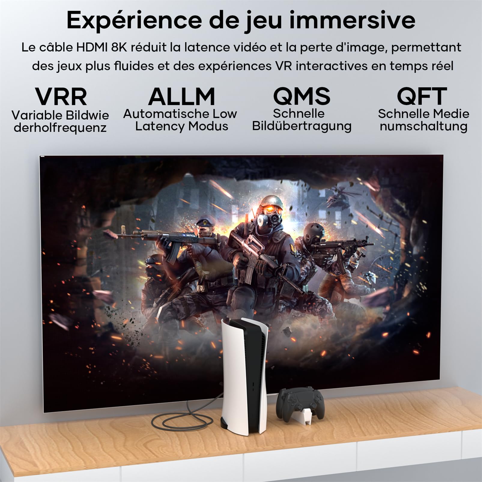 Câble HDMI 2.1 5Mètres 10K 8K Ultra Haute Vitesse 4K@120Hz HDR10 eARC HDCP 2.2 & 2.3 Compatible PS5 X-Box HDTV