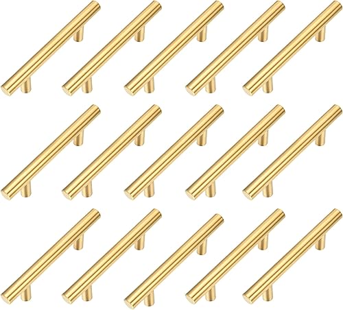 Paquete de 15 tiradores dorados cepillados para gabinetes, manijas de barra en T de acero inoxidable, modernos tubos europeos, perillas de armario