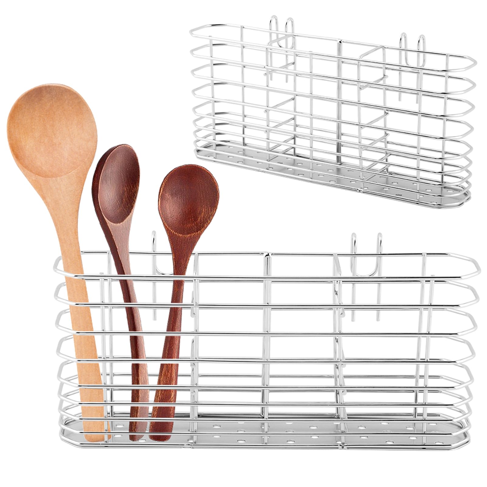 Soporte para utensilios de acero inoxidable 304, escurridor de platos con ganchos, soporte para utensilios para fregadero, cuchillo y tenedor, accesorios de cesta de drenaje de cocina (plateado