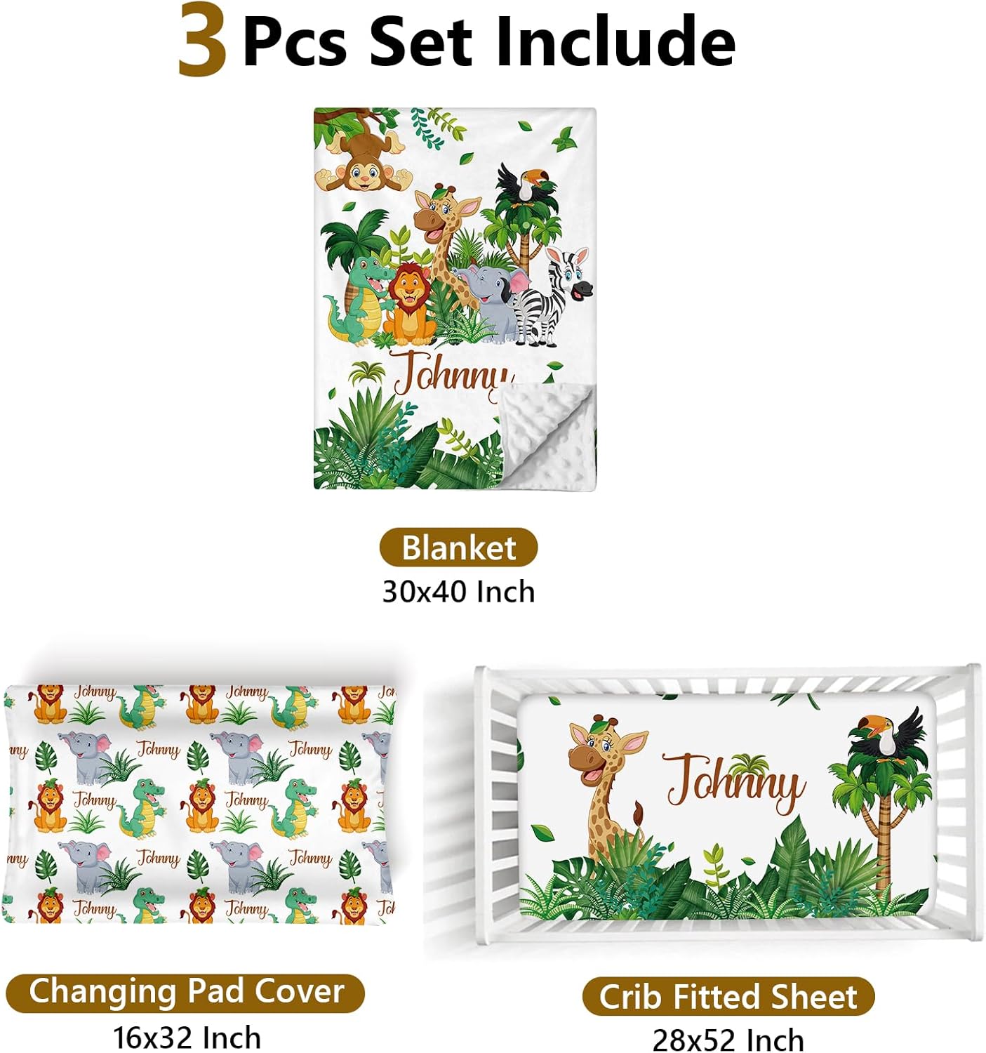 Terwex Custom Name Crib Bedding Set, 3 Pcs Personalized Baby Crib Bedding Set, Soft Forest Animals Nursery Crib Sets for Boys Girls, Double Layer Toddler Bedding Set Customized Gifts for Newborn Kids