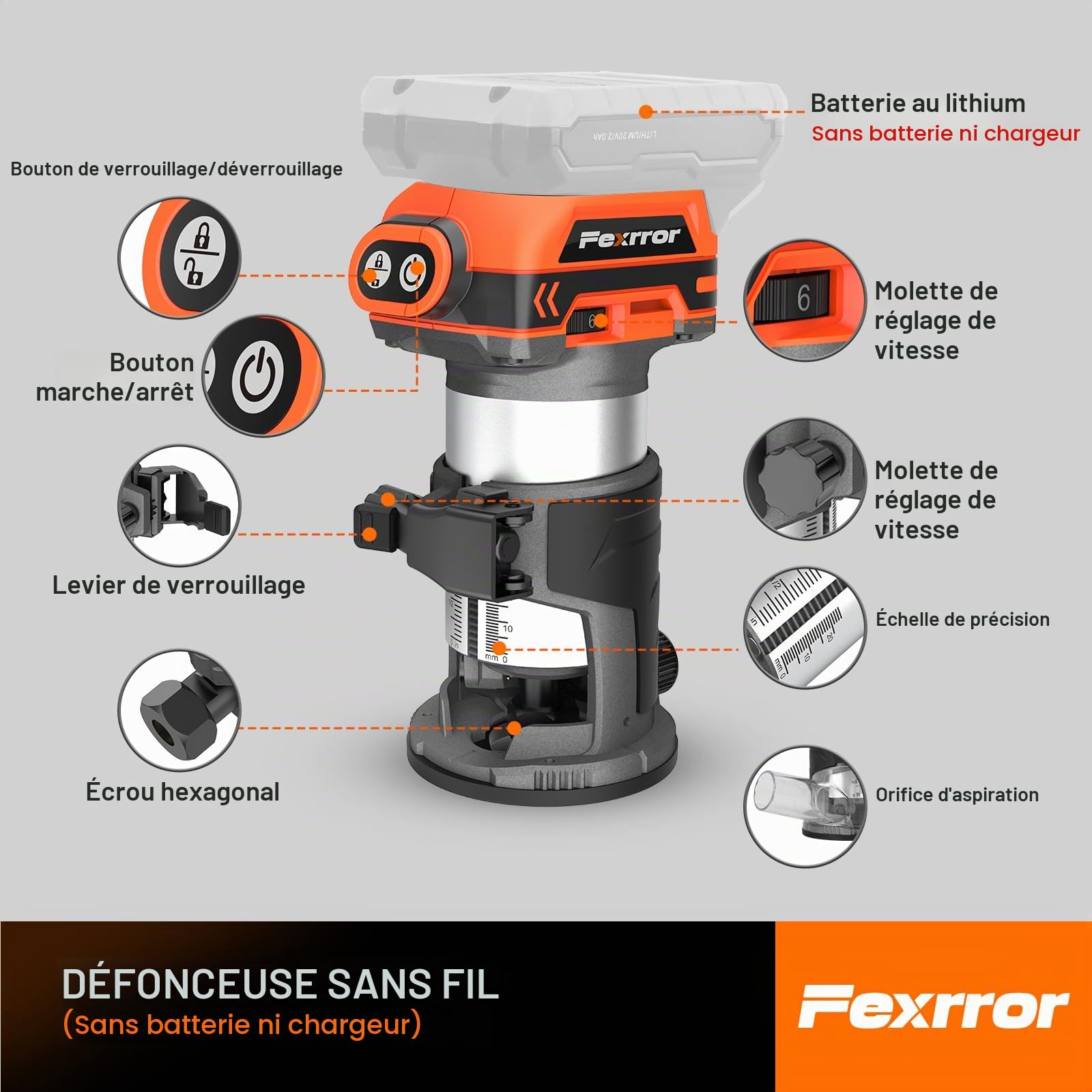 Affleureuse Sans Fil Compatible avec Batterie Makita 18 V, Brushless Affleureuse Sans Fil avec 6 Vitesses, 10000-30000RPM, 5 Fraises à Défoncer, Guide Droit, Roue de Guidage (Sans Batterie)