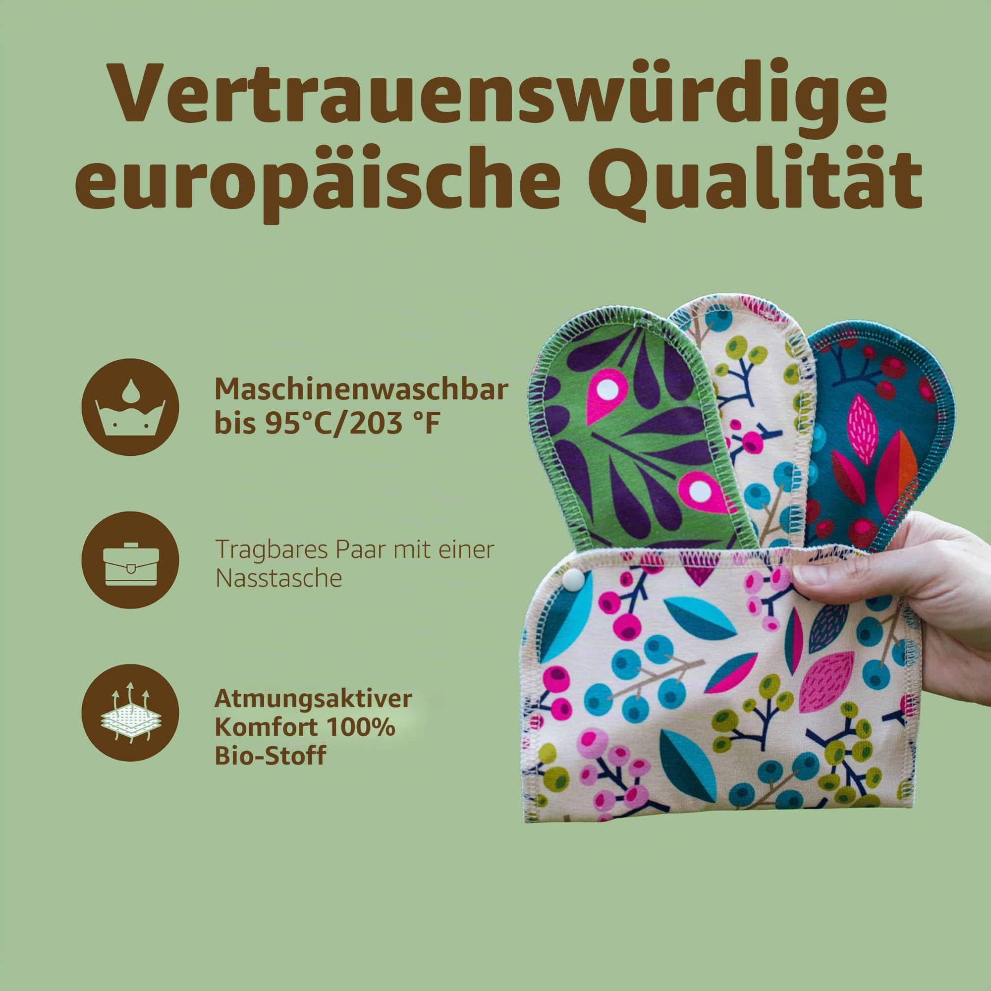 Natissy Bio-Baumwolle Stoffbinden für Frauen und Teenager, Waschbar und Wiederverwendbar, Dünn mit Sicherem Halt, Saugfähig für Leichte Tage, Größe S und M, 6er-Pack, Made in EU