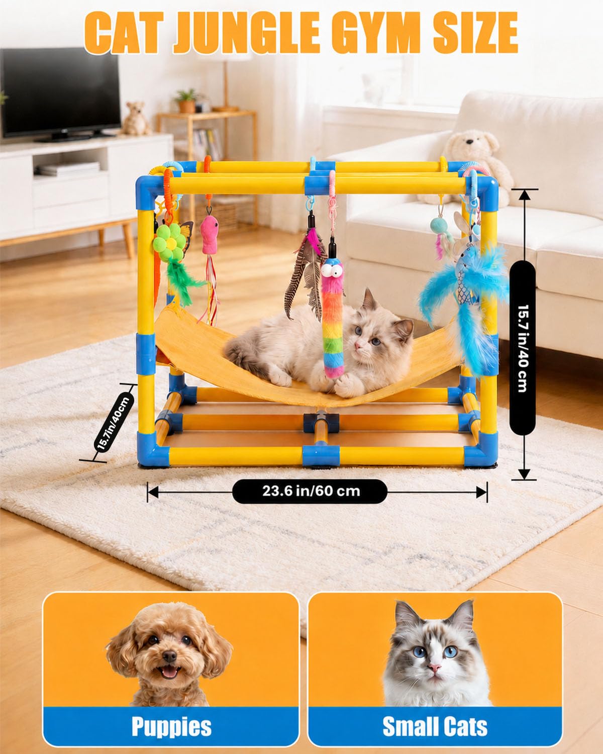 Gimnasio para Gatos con 10 Juguetes Interactivos Colgantes y Hamaca Cómoda | Centro de Actividades para Gatos de Interior, Estructura de PVC, 10 Cuerdas de Resorte, Parque de Juegos para Gatitos y Gatos